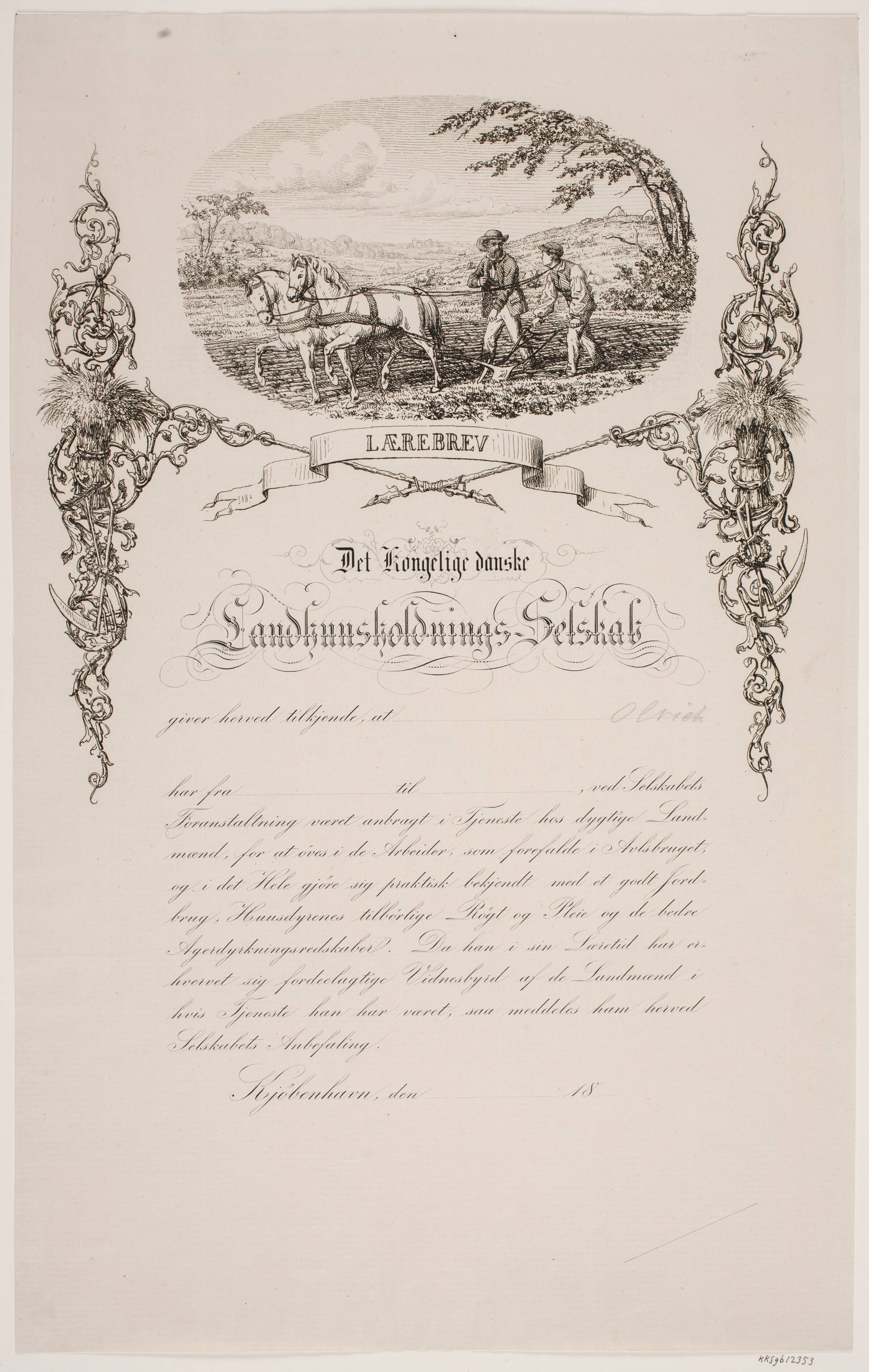Lærebrev for det Kgl. Landhusholdningsselskab, Henrik Olrik, 1857