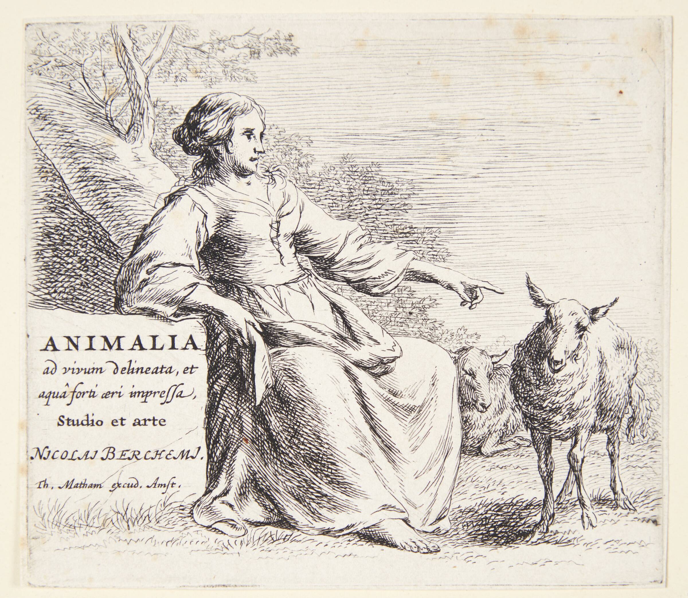Hyrdinde med et får. Titelblad til "Får", Nicolaes Berchem, 1620-1683