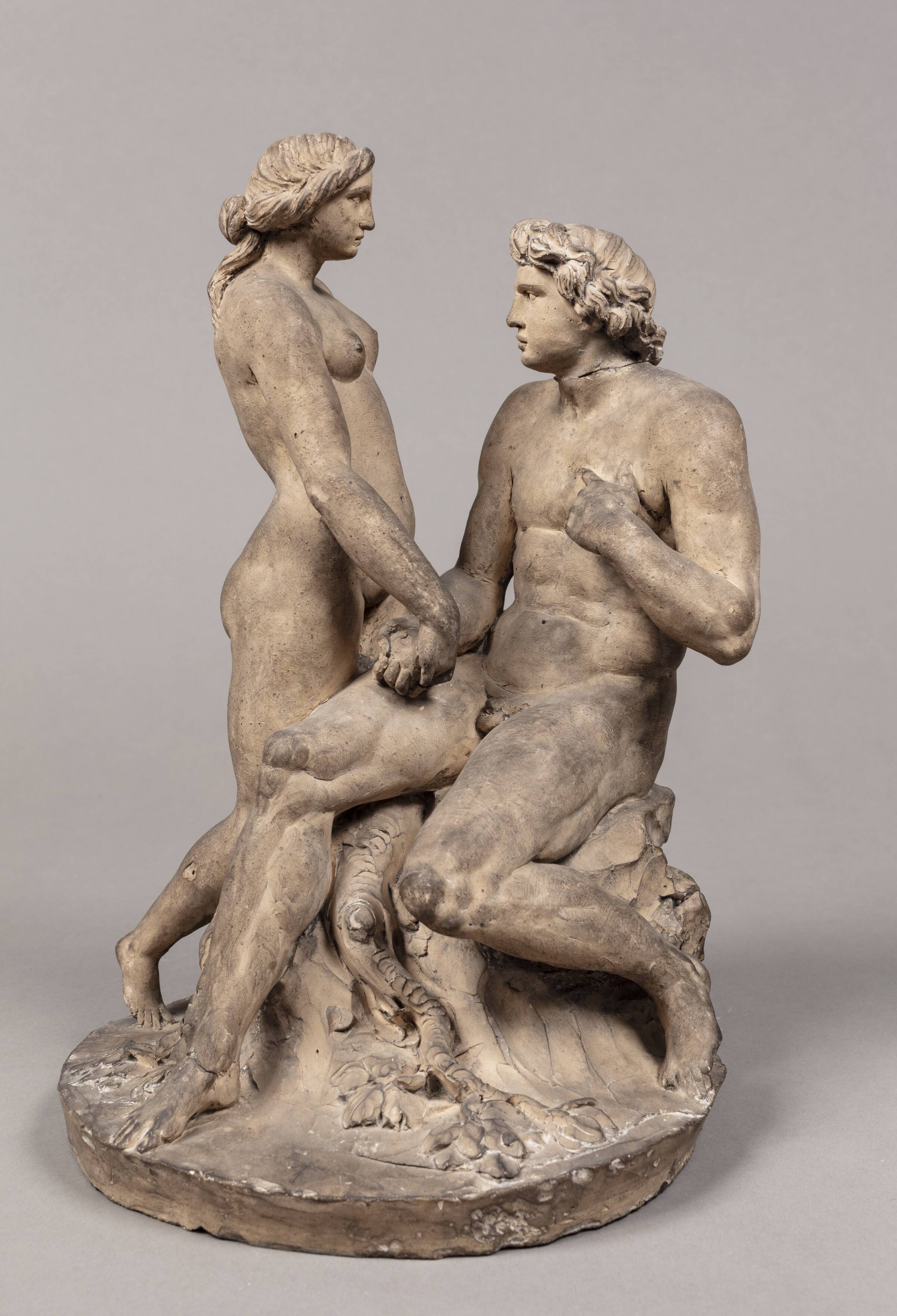 Eva frister Adam. Den stående Eva giver æblet til den siddende Adam, Hartman Beeken, 1778-1782