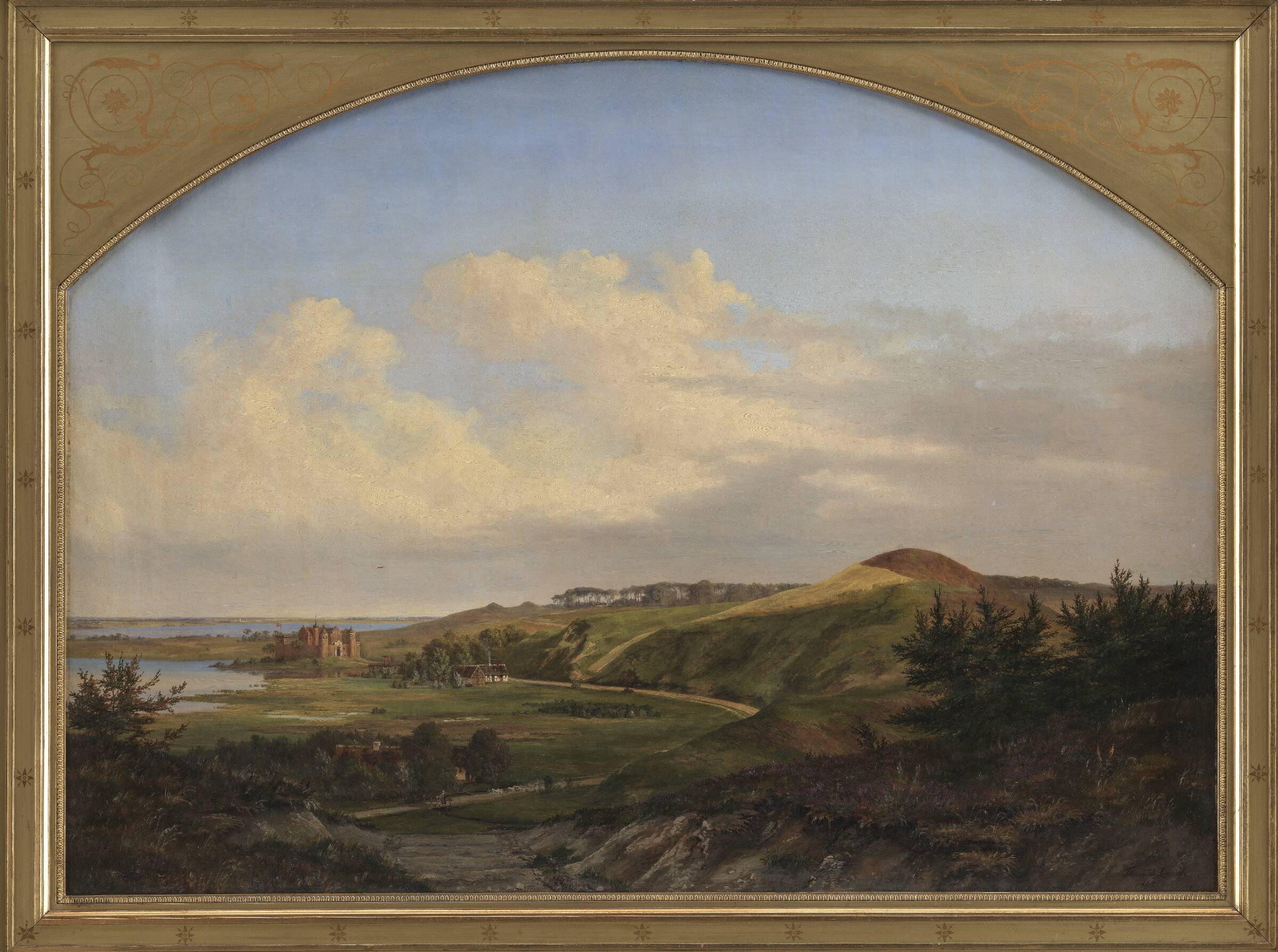 Et nordsjællandsk landskab. Motivet taget fra den egn ved Arresø hvor Valdemar Sejr byggede Dronningholm Slot til minde om dronning Dagmar, Thorald Læssøe, 1841