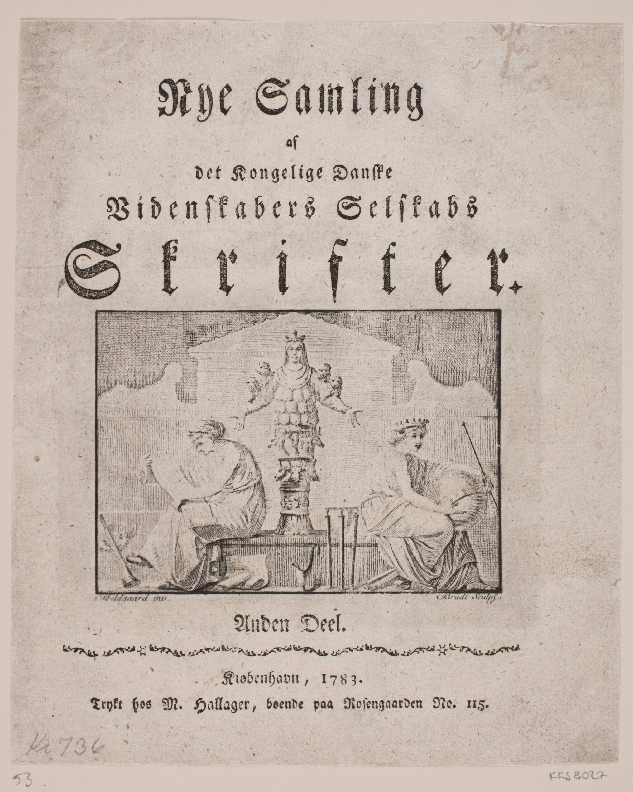 Titelblad til Nye Samling af det kgl. danske Vidensk. Selskabs Skrifter II 1783, Bradt, F.L., 1783