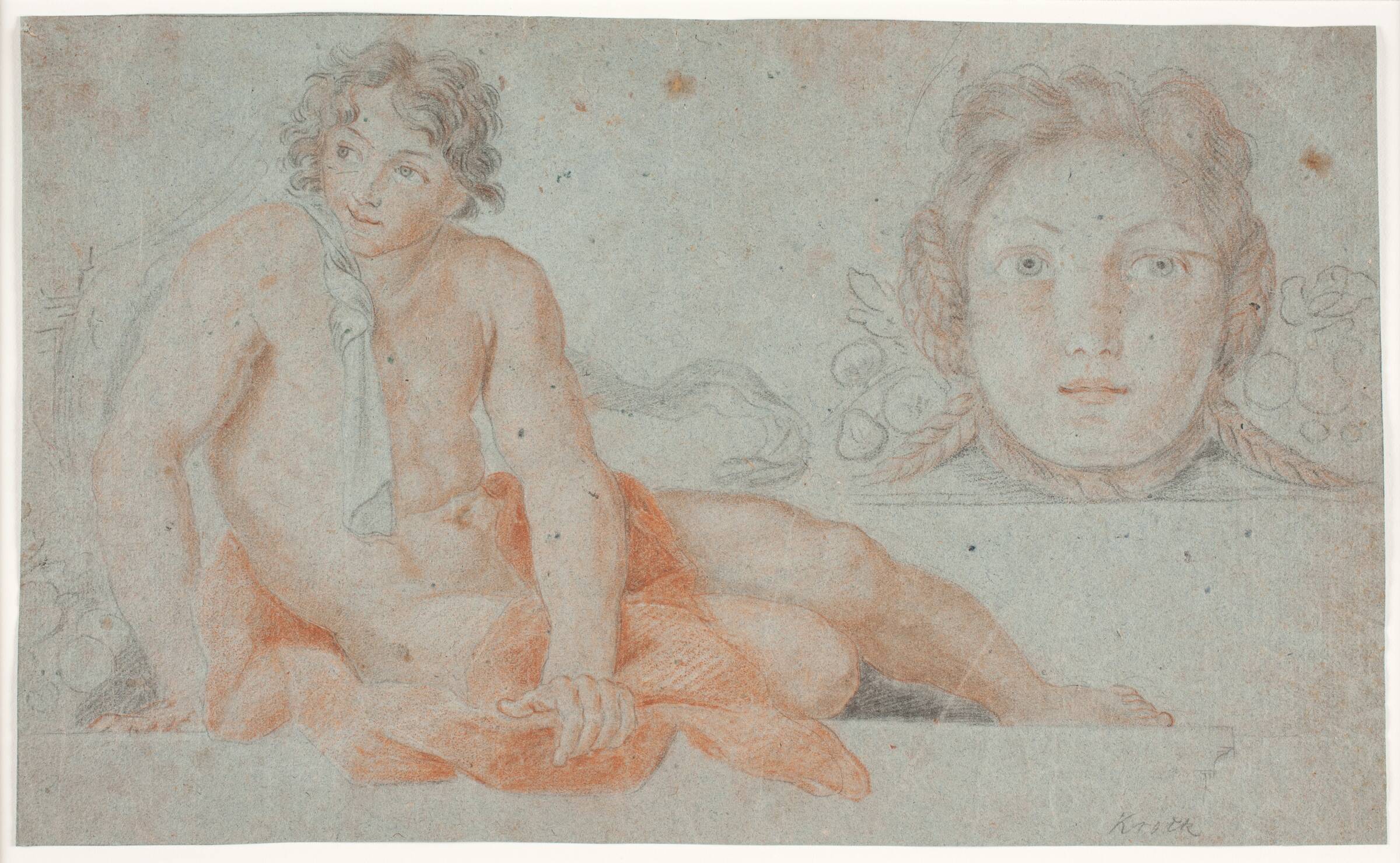 Nøgen yngling og kvindeligt dekorativt hoved, Hendrik Krock, 1686-1738