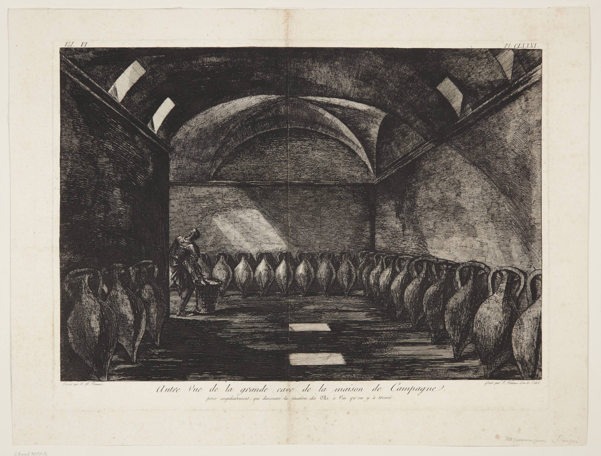 Autre Vue de la grande cave de la maisonde Campagne. pour angulairement, qui démontre la situation des Olle à Vin qu' on y à trouvé, Francesco Piranesi, 1805