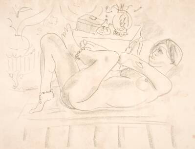 Nøgen kvinde, liggende på ryggen og med perlekæder om anklerne (odalisque)
