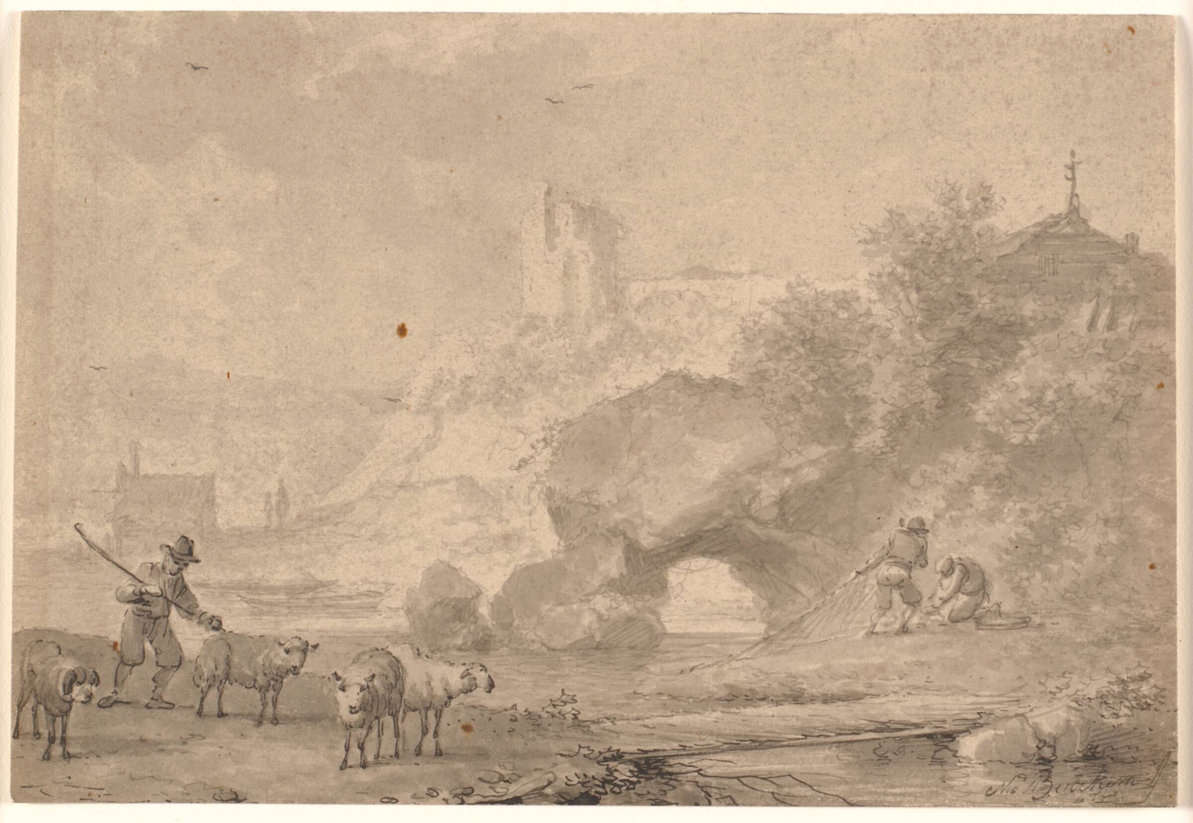 Fårehyrde og fiskere i et sydlandsk flodlandskab, Nicolaes Berchem, 1635-1664