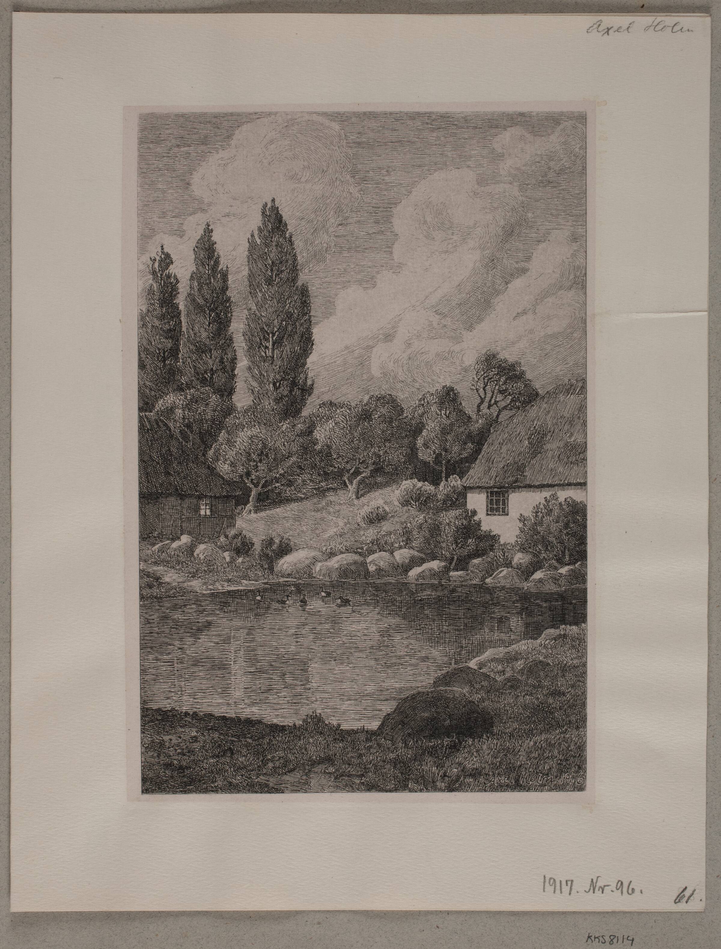 To bondehuse ved sø med ænder, Axel Holm, 1916