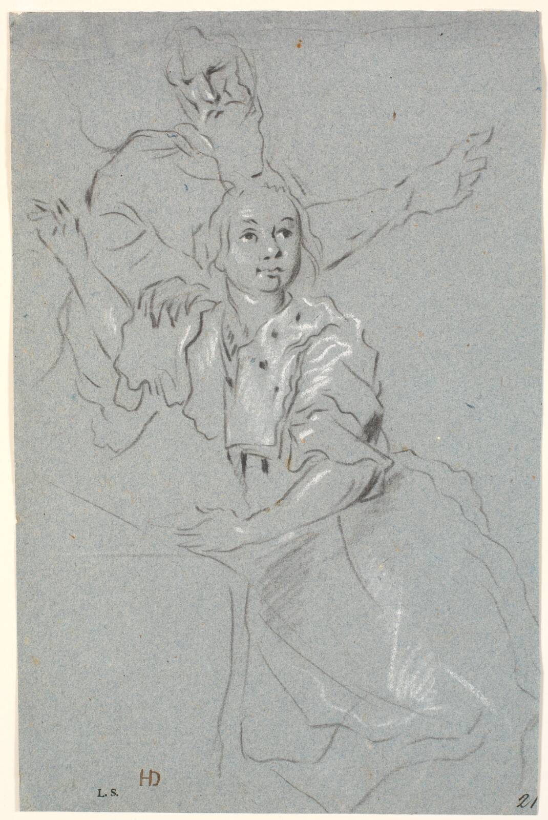 Studie af kvinde med løftet arm, bag hende en skægget olding, by Heinrich Dittmers, 1625-1677