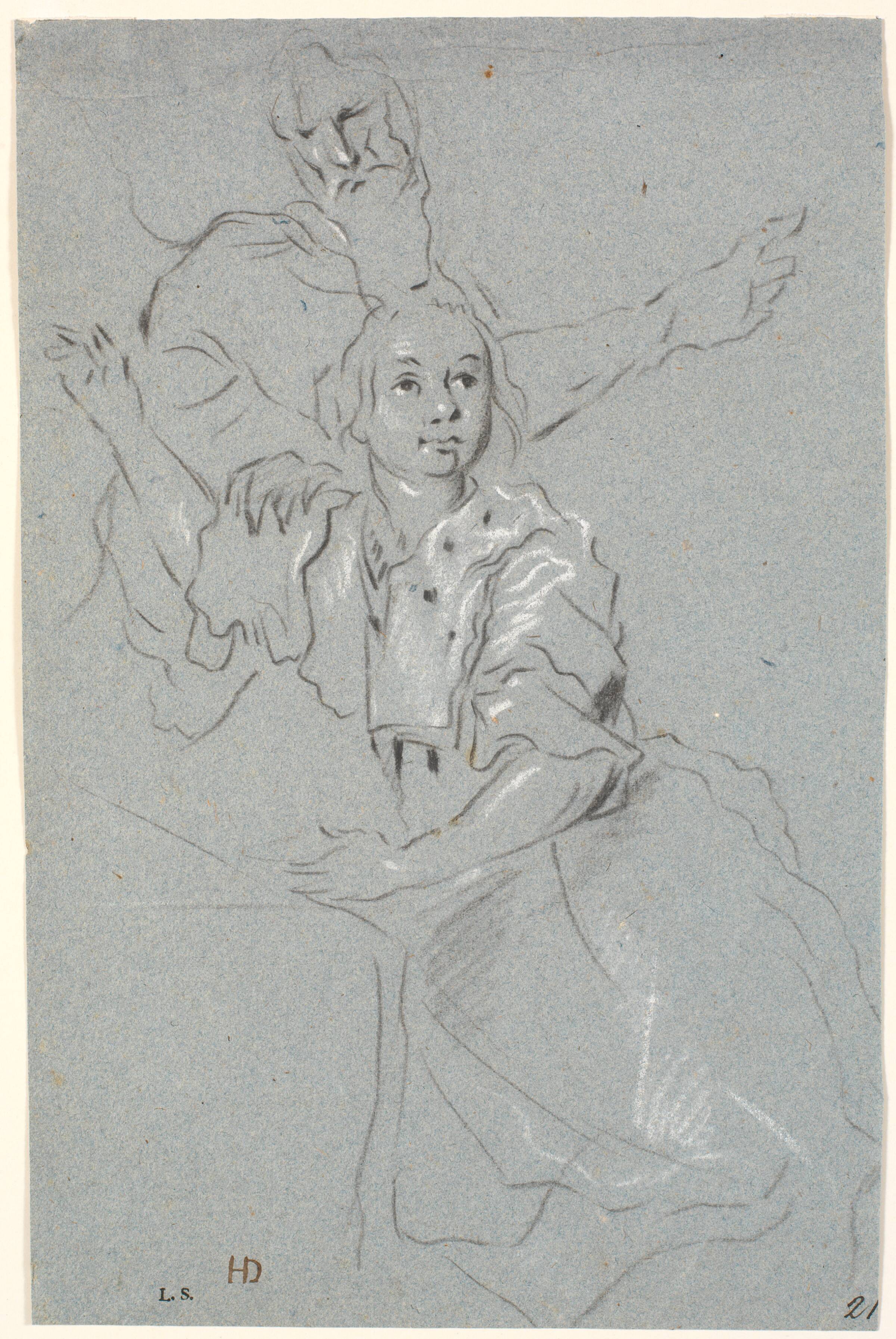 Studie af kvinde med løftet arm, bag hende en skægget olding, Heinrich Dittmers, 1625-1677
