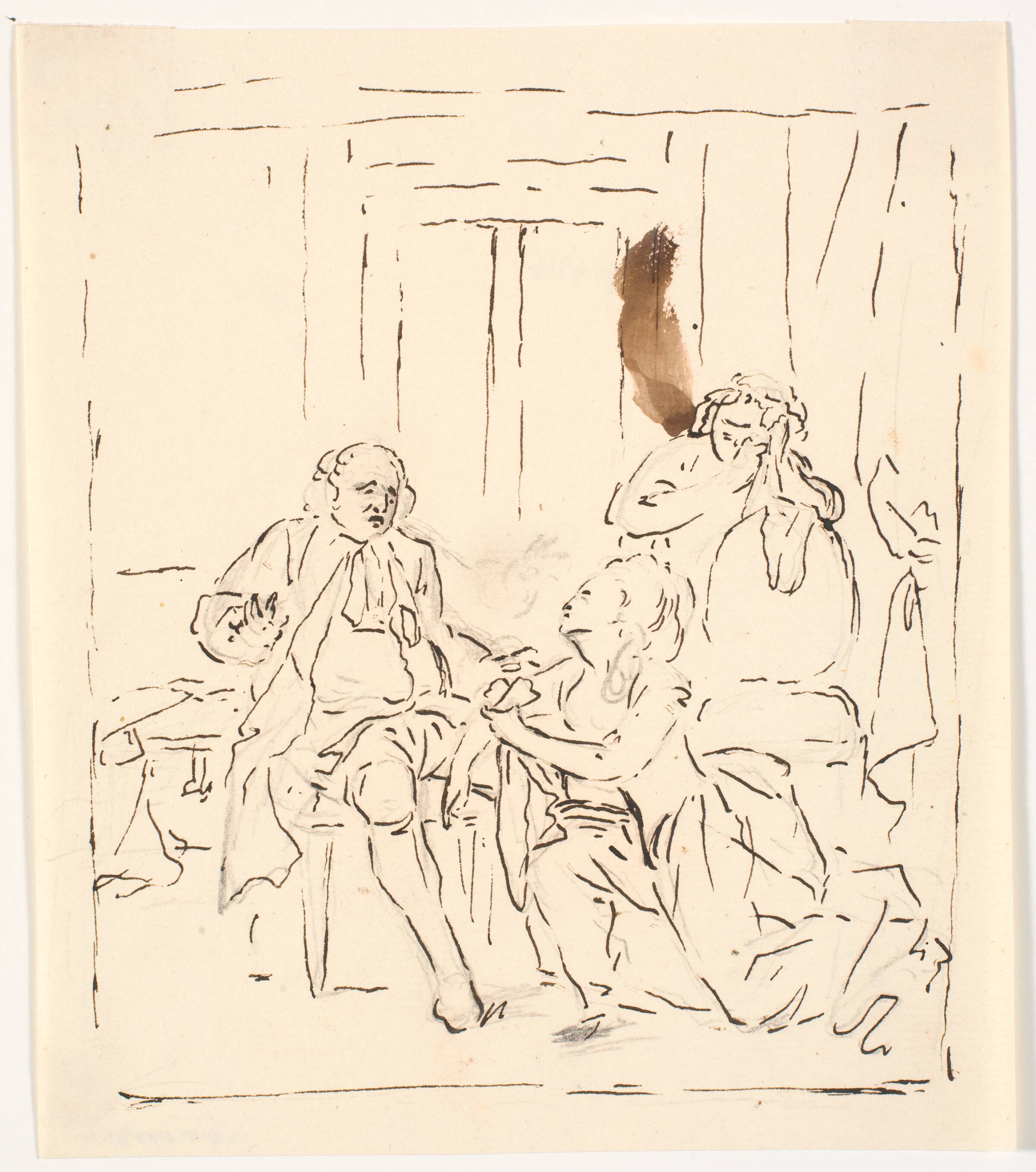 En kvinde knæler for en siddende mand. I baggrunden en grædende kvinde, der støtter sig til en stol. Teaterscene?, C.A. Lorentzen, 1746-1828