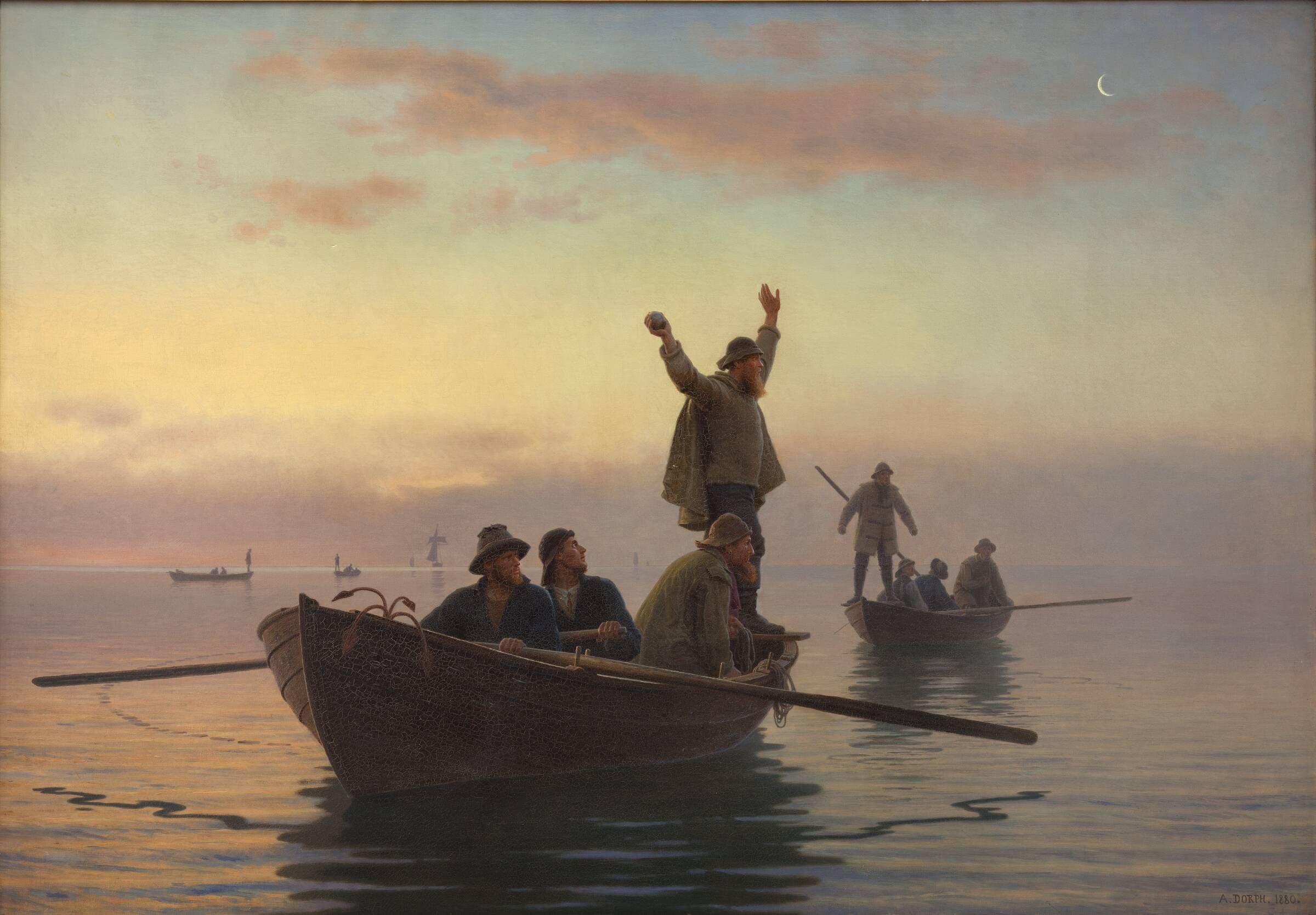 Hornfiskefangst med drivvod. Tidlig morgen, A. Dorph, 1880
