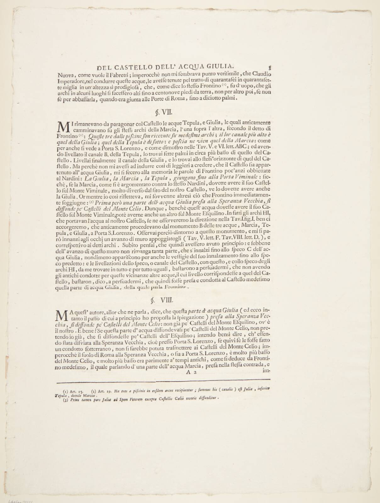 Concerning the Fountainhead of the Acqua Giulia. Text sheet, by Giovanni Battista Piranesi, 1761