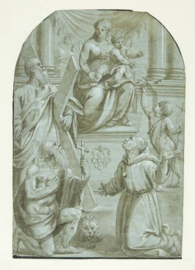 Maria med Jesusbarnet tronende, omgivet af apostlen Andreas, Johannes Døberen som barn, den hellige Jeronimus og den hellige Frans af Assisi