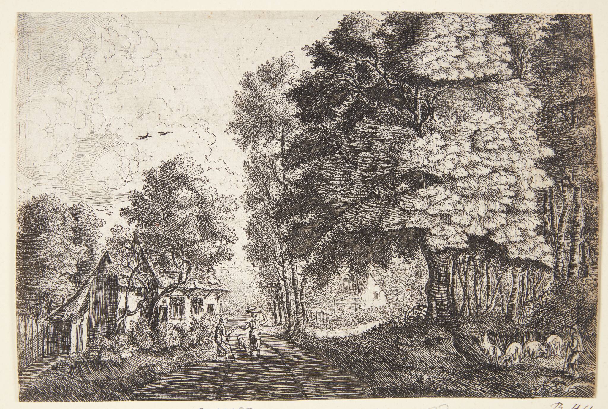 En vej med to figurer ved et skovbryn, t.h. en hyrde med sine dyr