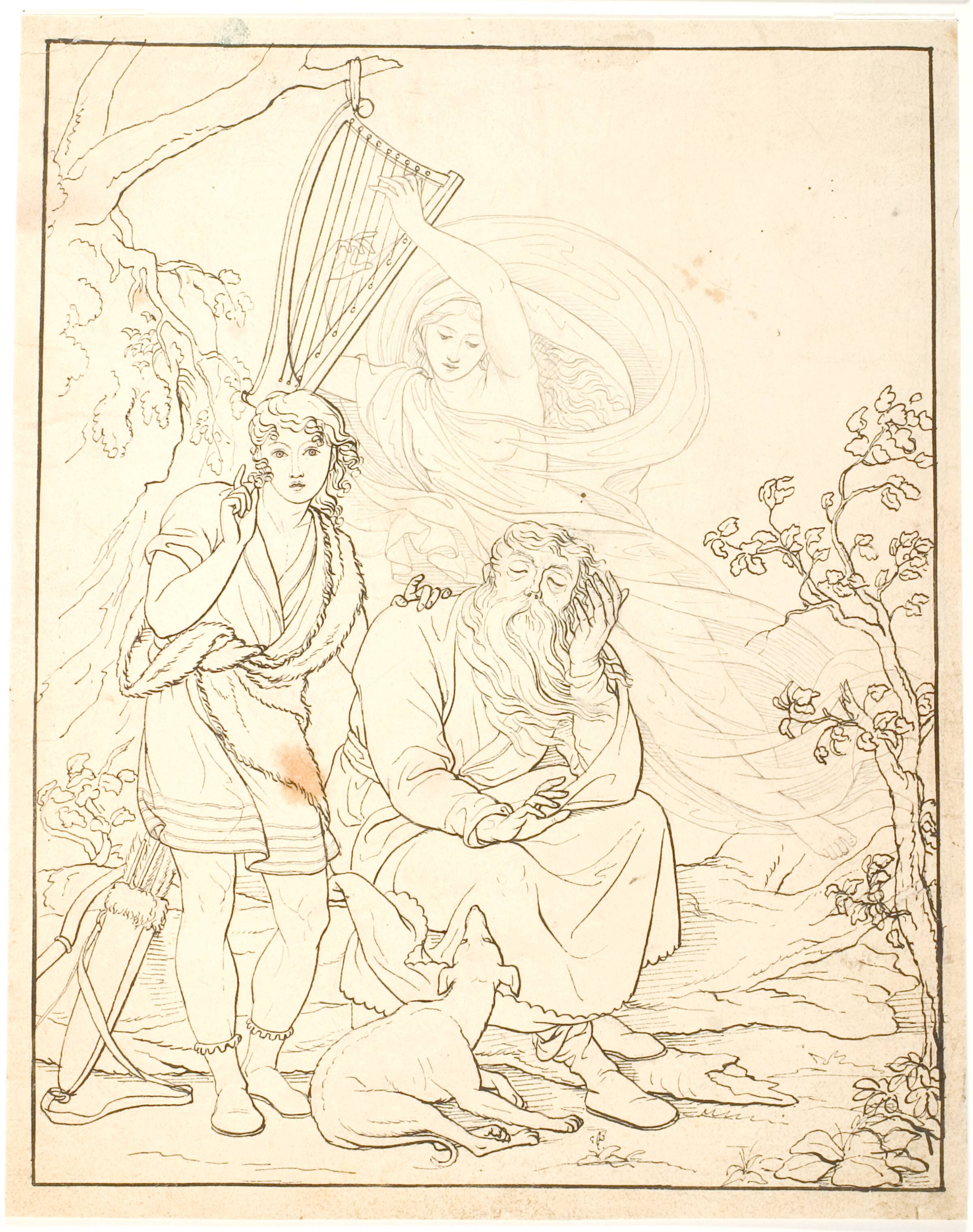 Ossian og Alpins søn hører Malvinas ånd gribe i harpens strenge, C.G. Kratzenstein Stub, 1815