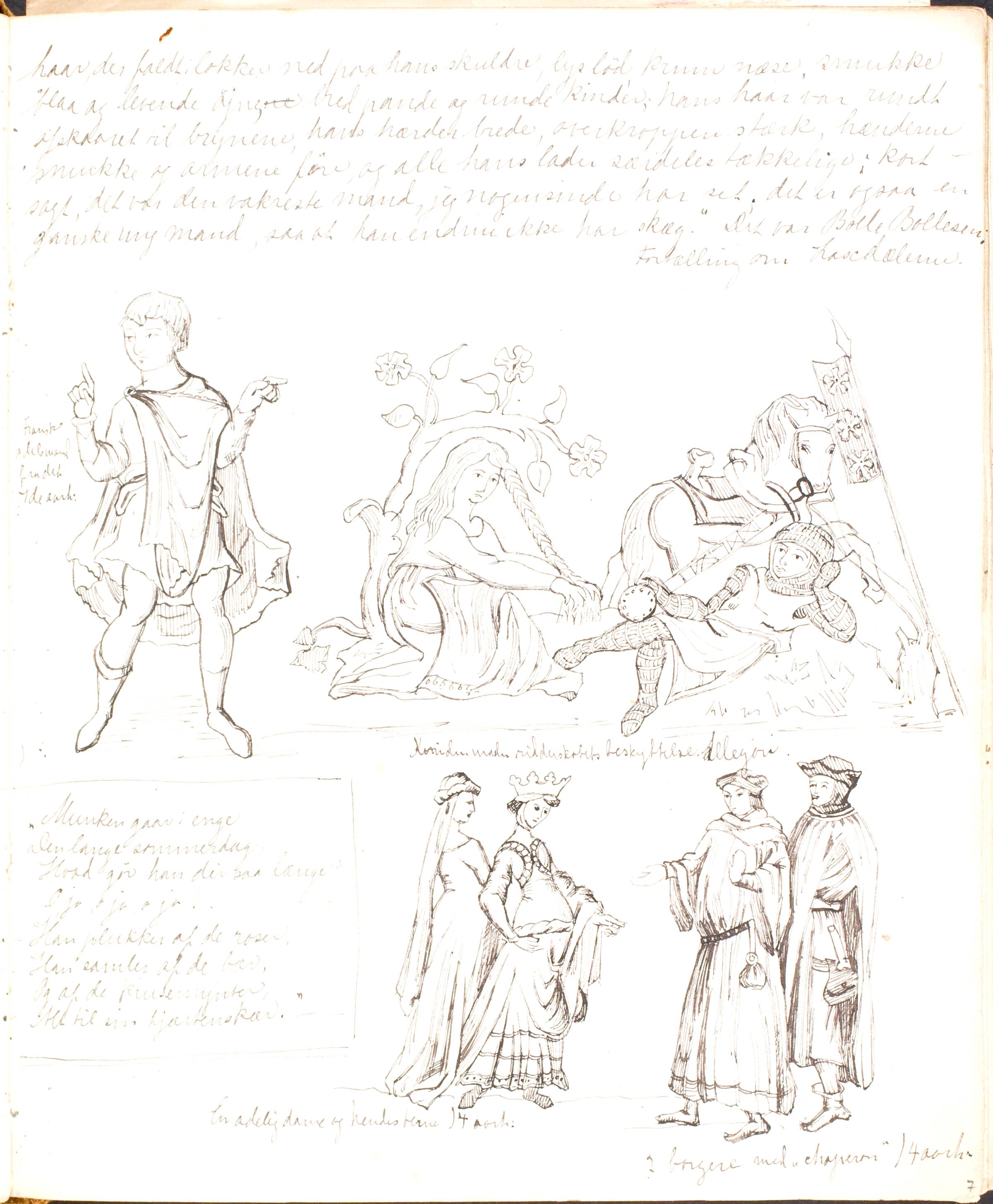 Diverse noter samt skitser af figurer og mennesker i middelalderdragter, Agnes Slott-Møller, 1882