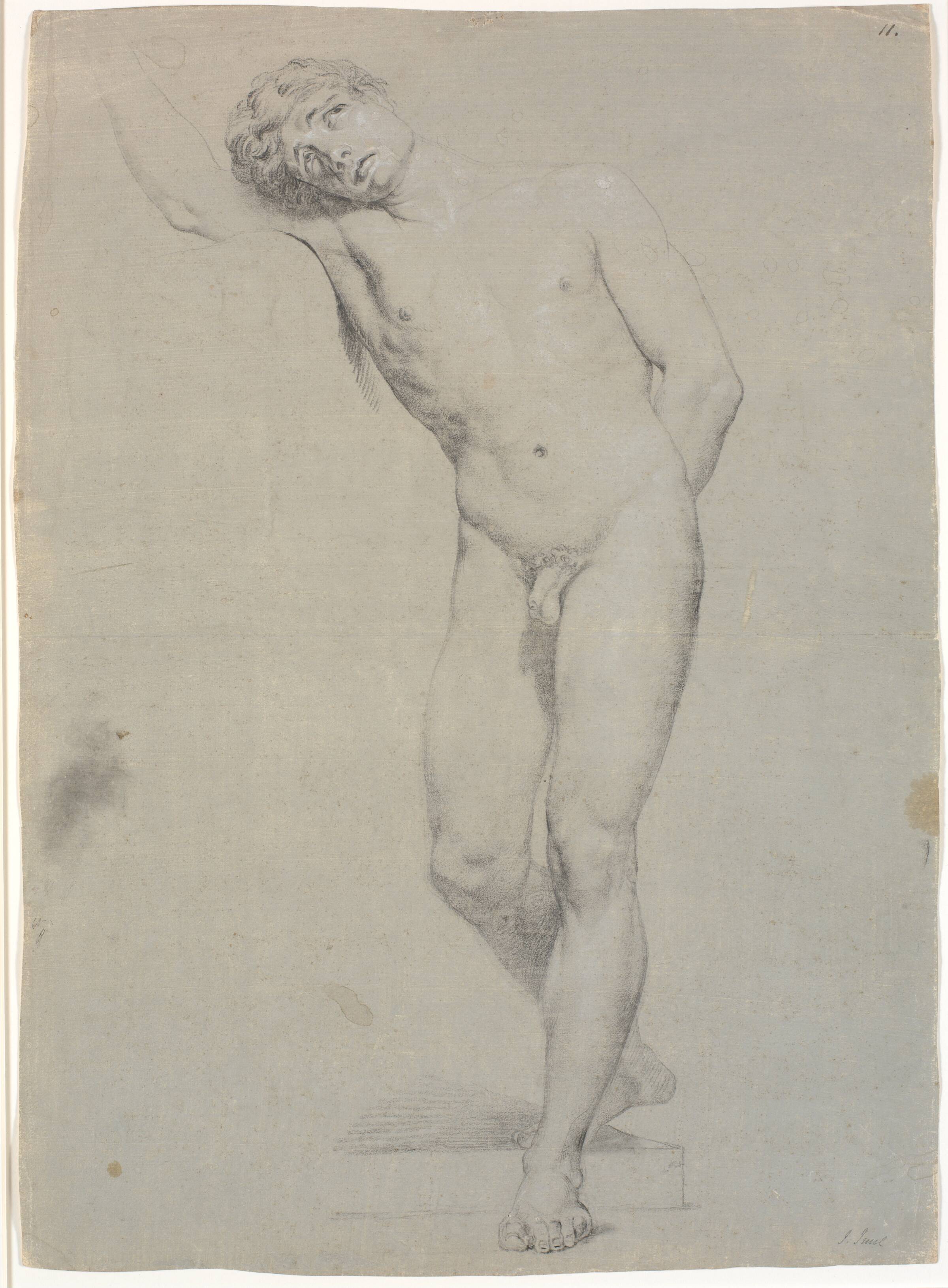 Model stående en face, hovedet støttet mod den løftede højre arm; ikke tegnet færdig, Jens Juel, 1745-1802