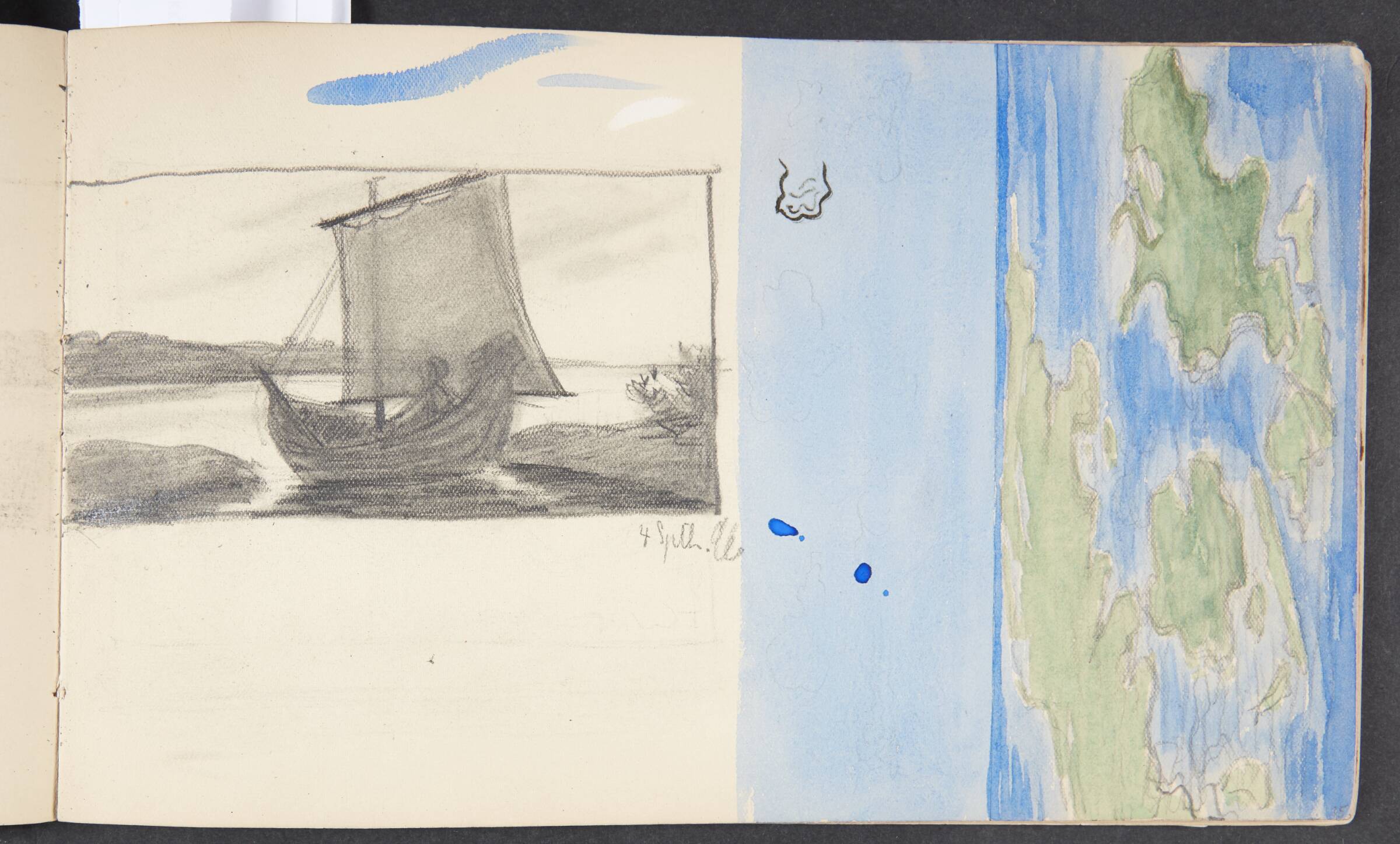 Danmark, set i fugleperspektiv, samt studie af sejlbåd ved en strandbred, Agnes Slott-Møller, 1896