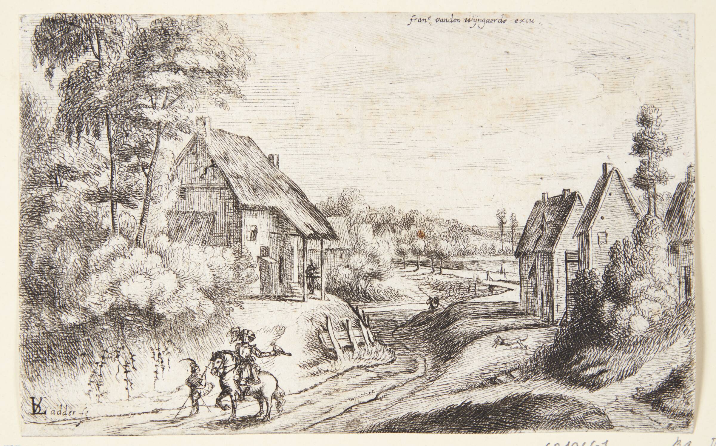 Vej gennem et landskab med gårde, i forgrunden en falkoner til hest, Lodewijk de Vadder, 1605-1655