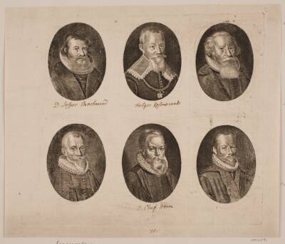 Portrætter af Jesper Rasmussen Brochmand, Holger Rosenkrantz, Hans Poulsen Resen, Christen Sørensen Longomontanus, Ole Worm og Caspar Bartholin