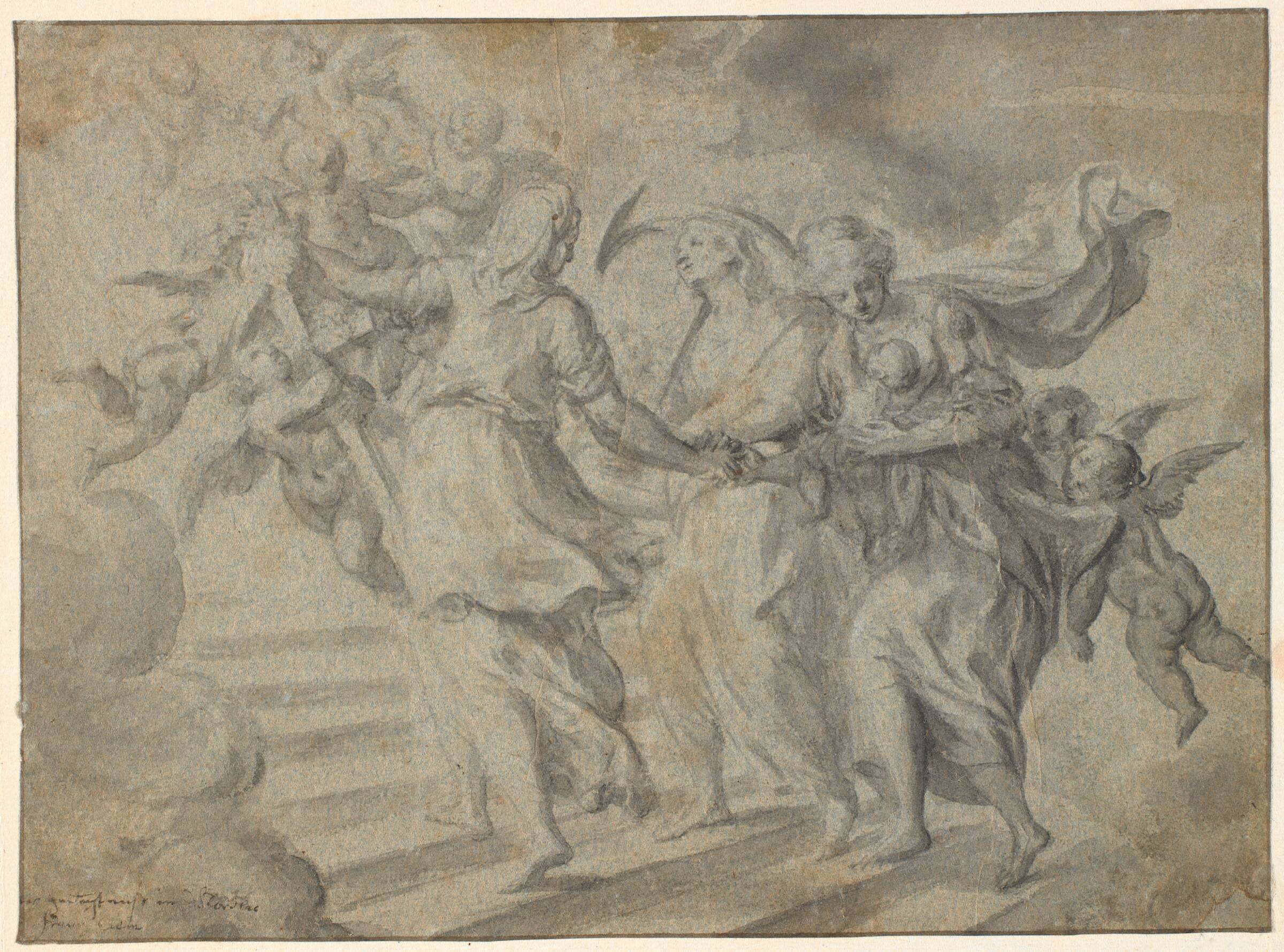 Religiøs komposition: tre kvinder bærer et barn op ad en trappe, mod en gruppe svævende engle med et kors, Frantz Clein, 1582-1658