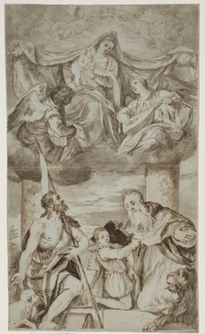 Jomfru Maria med Jesusbarnet omgivet af engle i skyerne med Johannes Døberen og Hieronymus, efter Paolo Veroneses maleri tidligere i S. Francesco della Vigna, Venedig