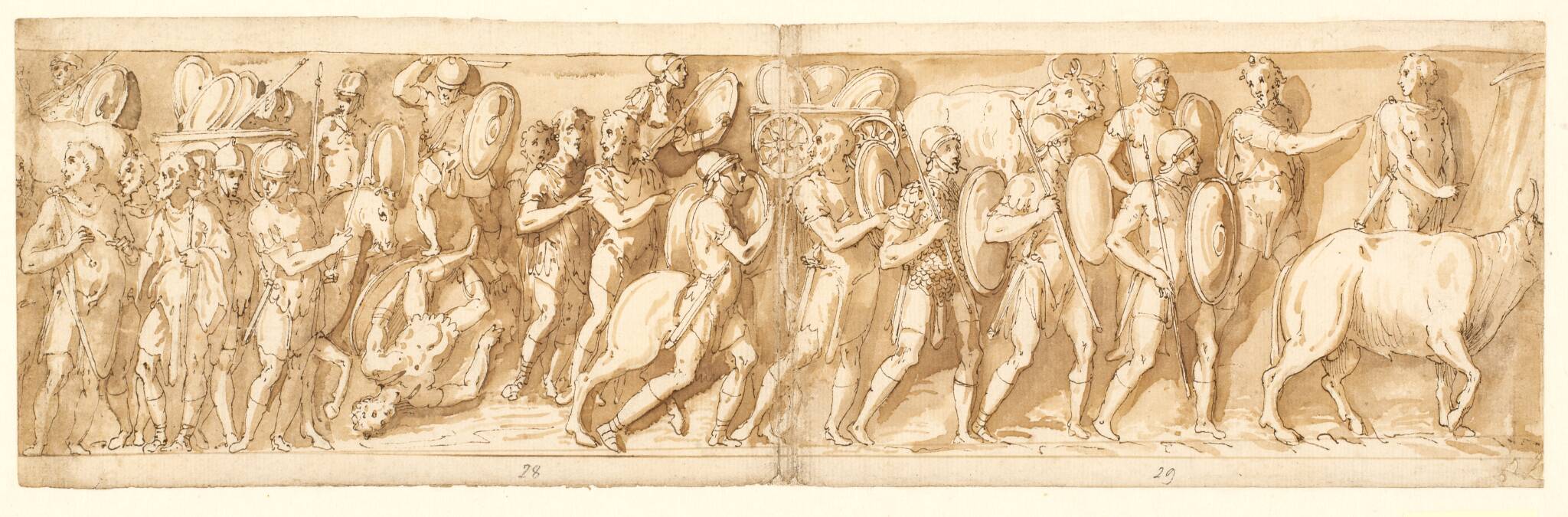 Romere på march; Marcus Aurelius, Pompejus og en oppasser overværer marchen; ophold på marchen