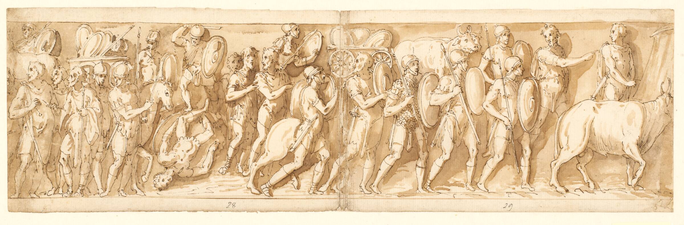 Romere på march; Marcus Aurelius, Pompejus og en oppasser overværer marchen; ophold på marchen, Джованни Гуэрра, 1544-1618