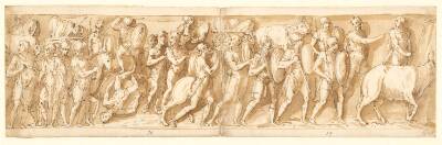 Romere på march; Marcus Aurelius, Pompejus og en oppasser overværer marchen; ophold på marchen