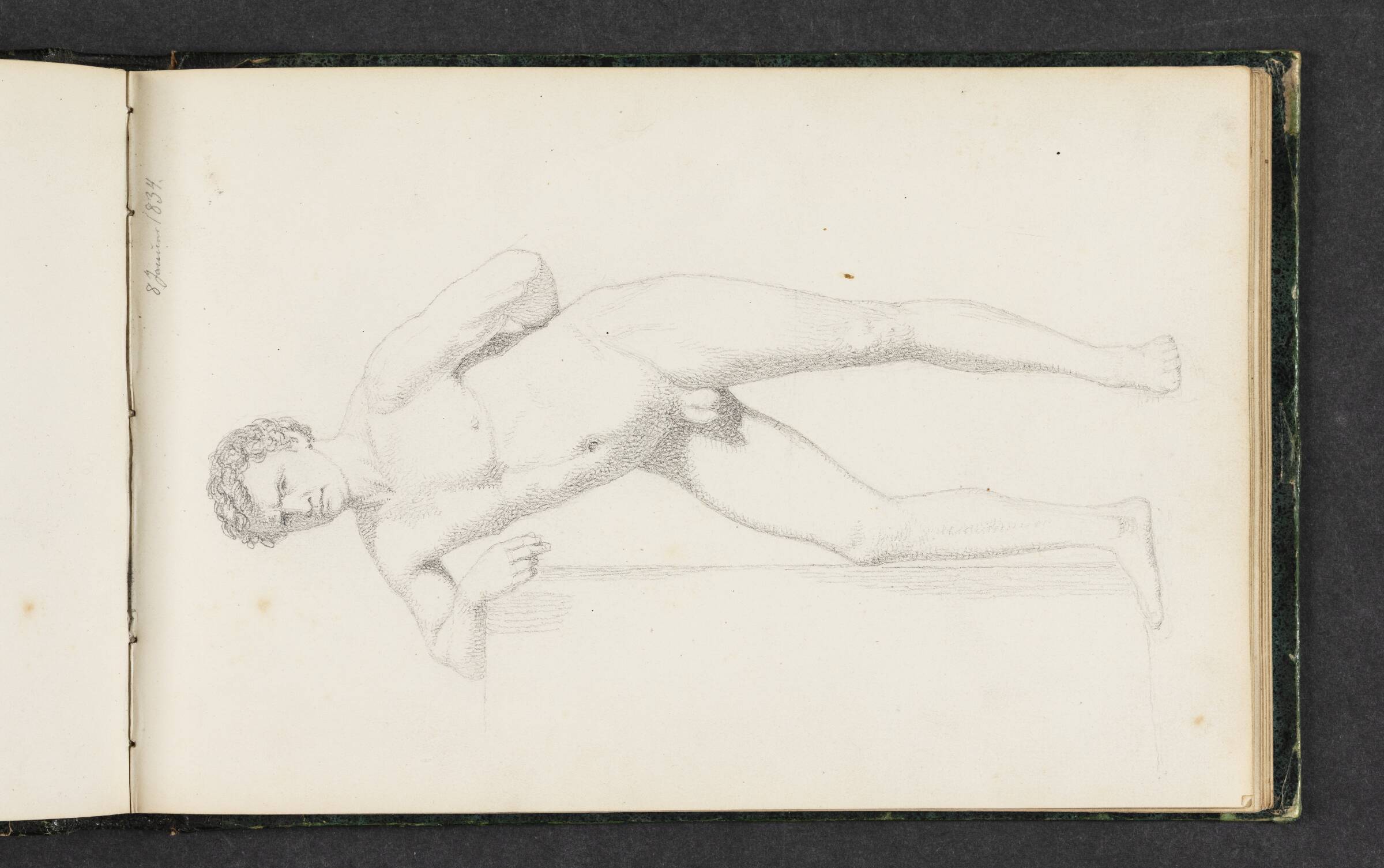 Stående, nøgen, mandlig model der læner sig mod en sokkel, Erling Eckersberg, 1834