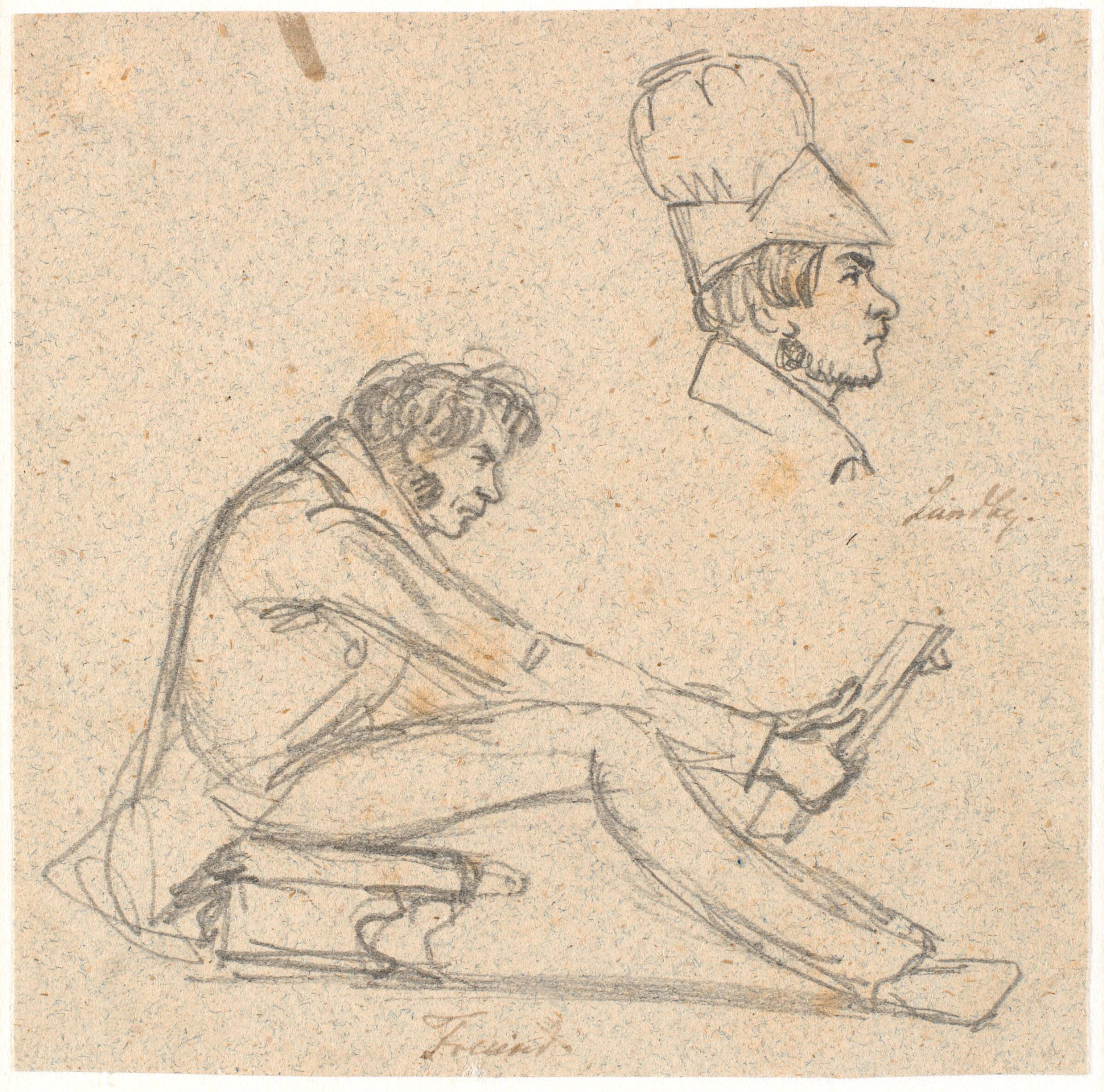 H.E. Freund siddende på en skammel og betragtende en tegning. Foroven t.h. profil portræt af J. Th. Lundbye., P.C. Skovgaard, 1740-1840