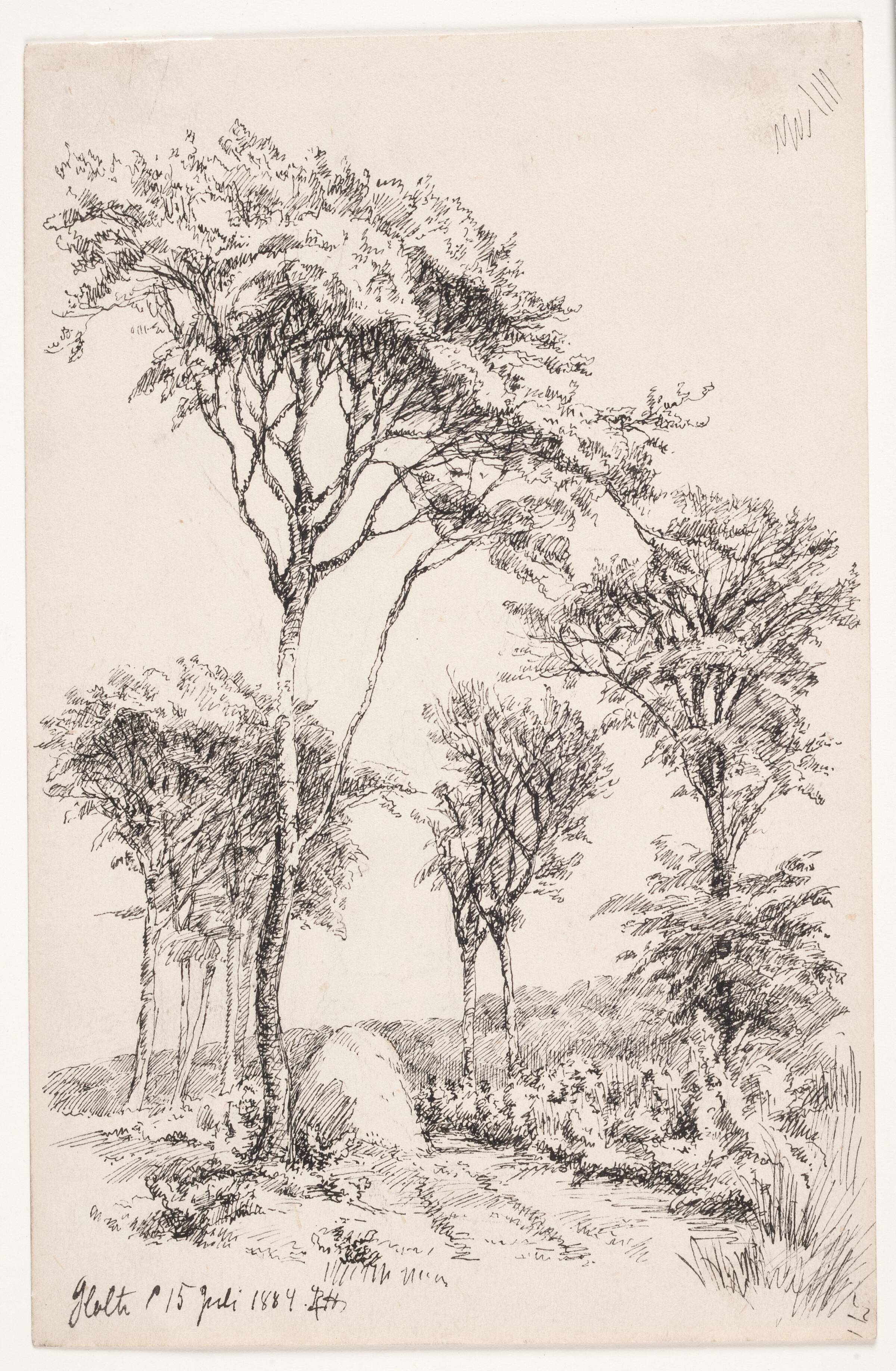 Skovlandskab med fritstående træer, Louise Ravn-Hansen, 1884