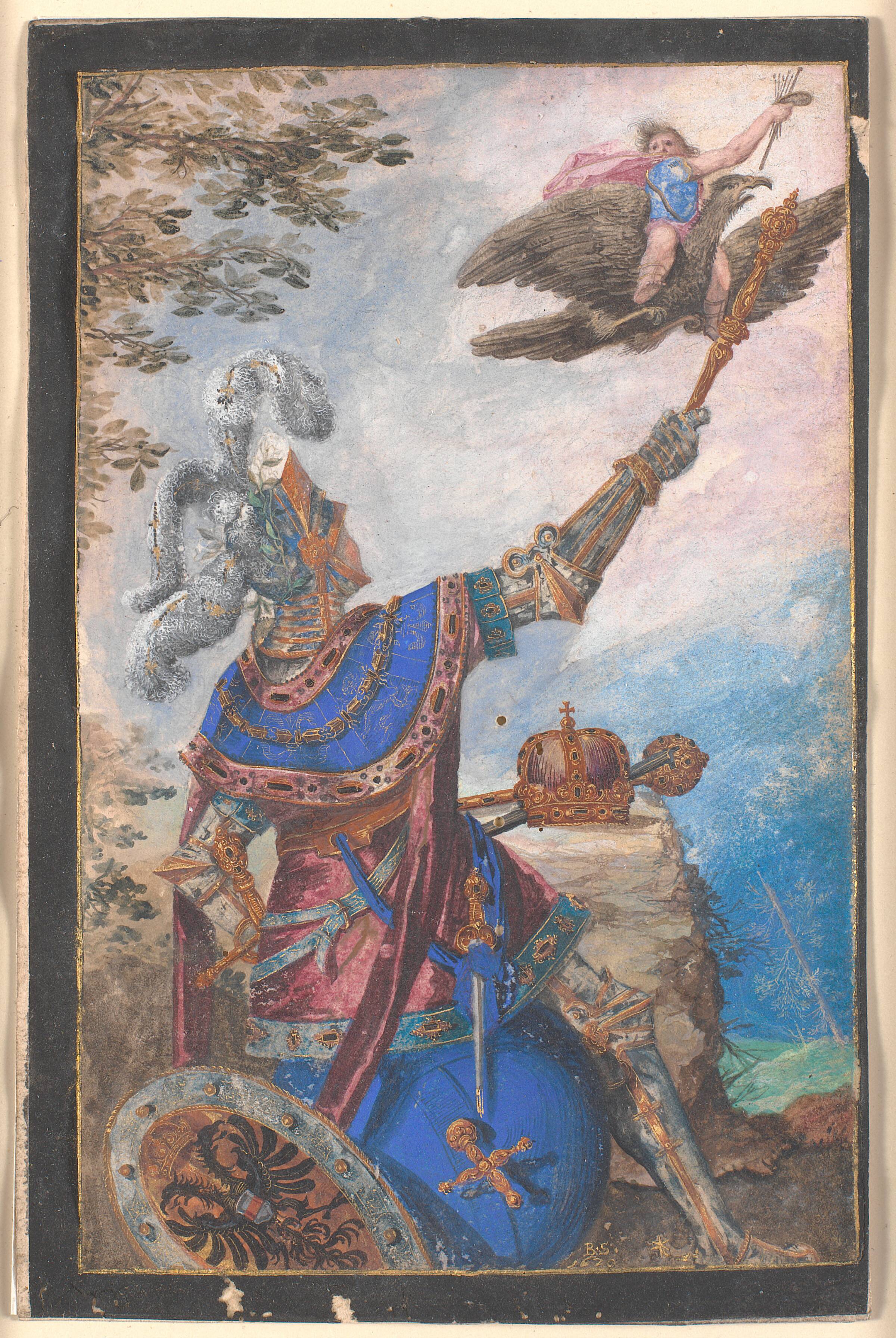 Malerkunstens geni flyvende på ryggen af en ørn viser sig for den knælende kejser Ferdinand II?, Bartholomäus Strobel, 1620