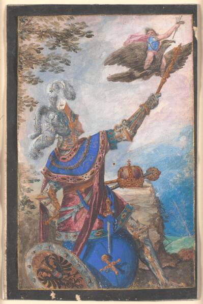 Malerkunstens geni flyvende på ryggen af en ørn viser sig for den knælende kejser Ferdinand II?