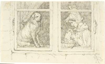 Et vinduesfag. Bag vinduet t.v. en hund, t.h. en kvinde der syr