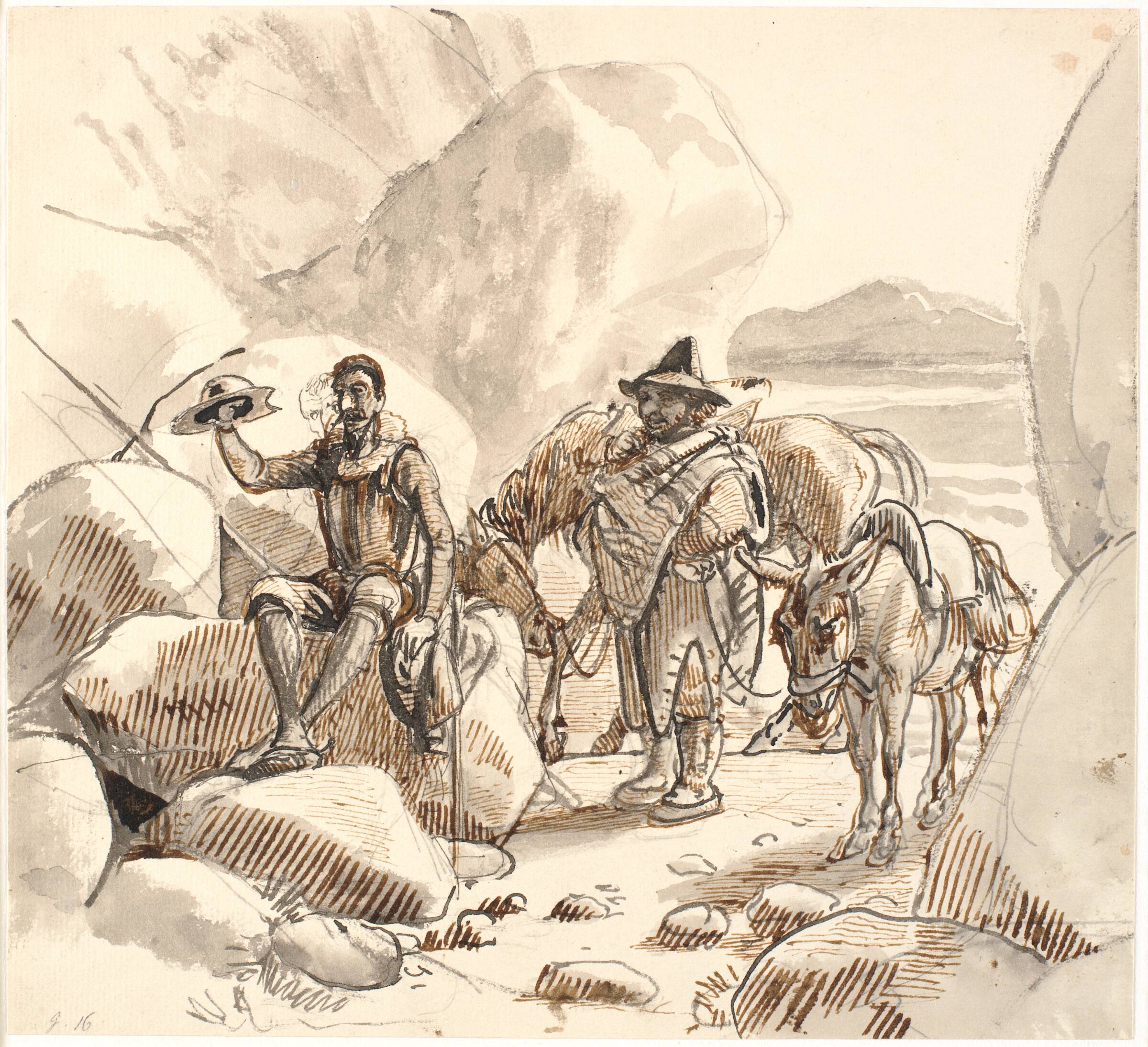 Don Quixote belærer Sancho om riddernes ry og fremtid, Wilhelm Marstrand, 1810-1873
