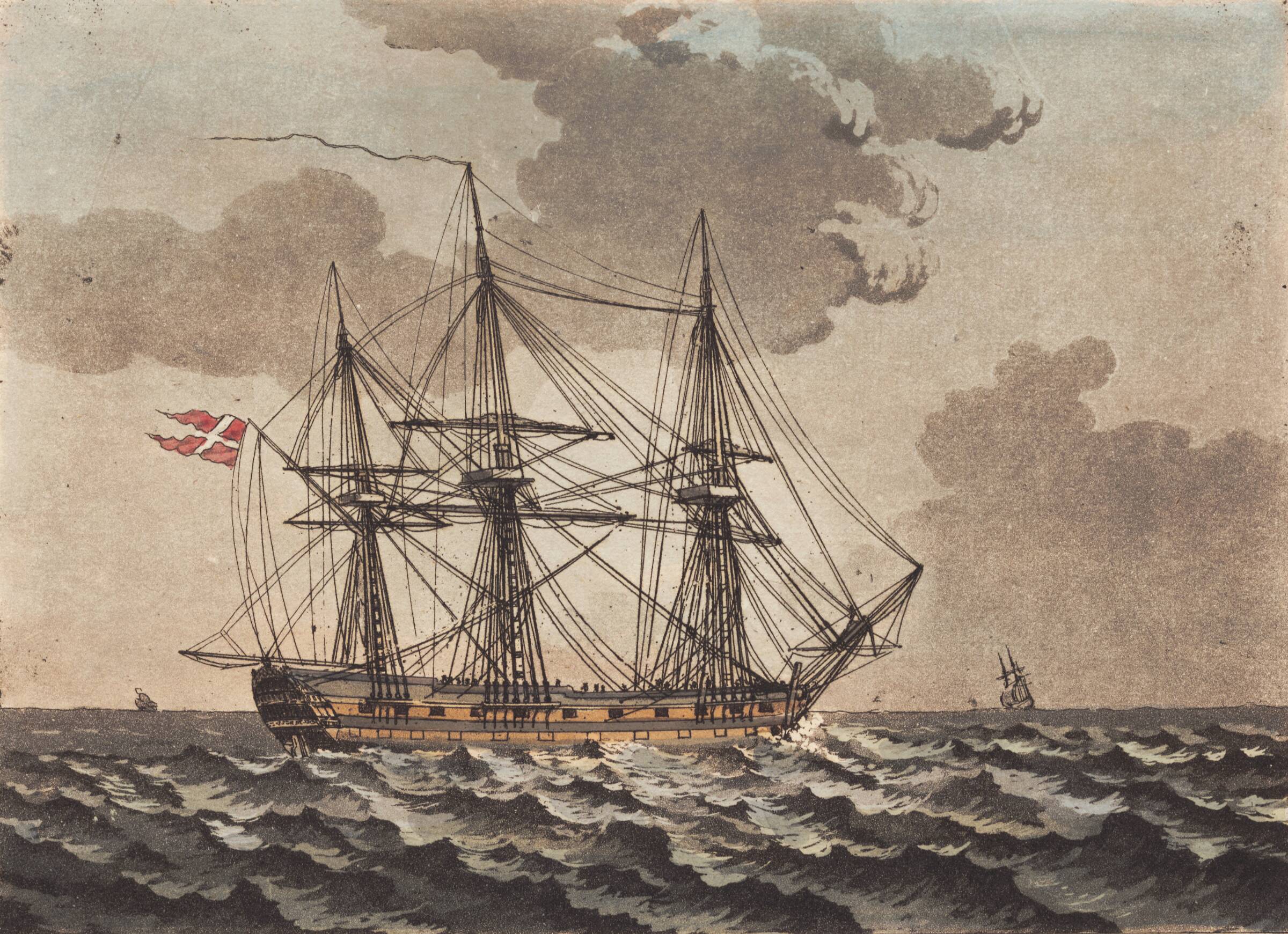 Et orlog skib til ankers i en storm, Niels Truslew, 1805