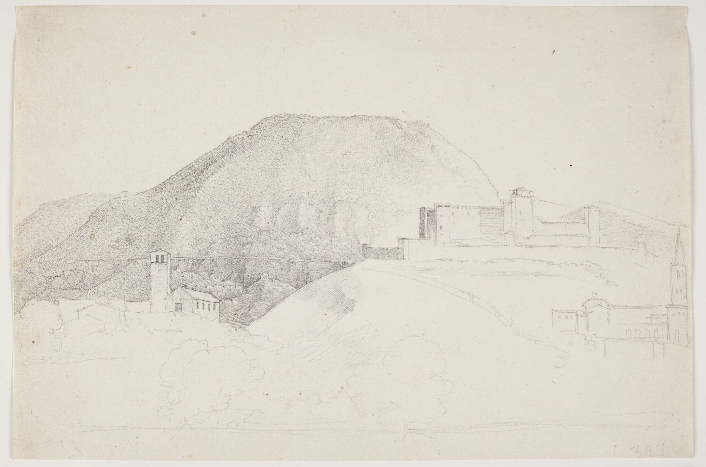 Landsskabsstudie med bjerg og bygninger. Spoleto, Italien, J.L. Lund, 1801-1819