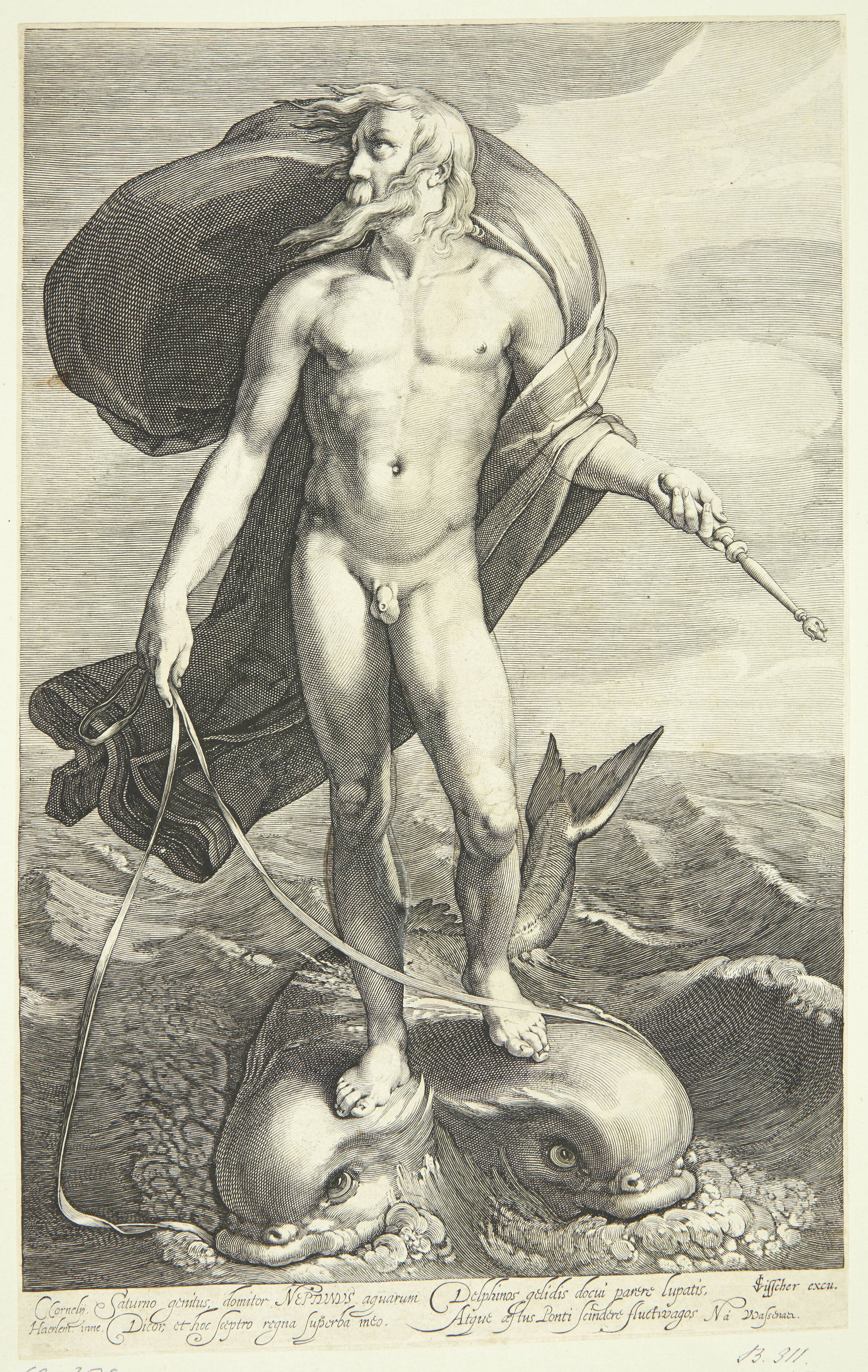 Neptun ridende på to delfiner, Willem van Swanenburgh, 1603-1607