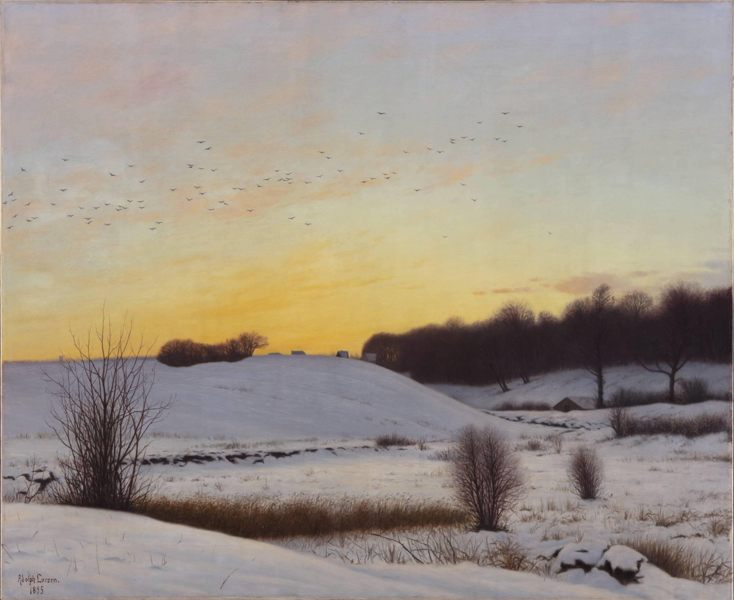 Snelandskab med en bakke. Solnedgang., Adolph Larsen, 1895