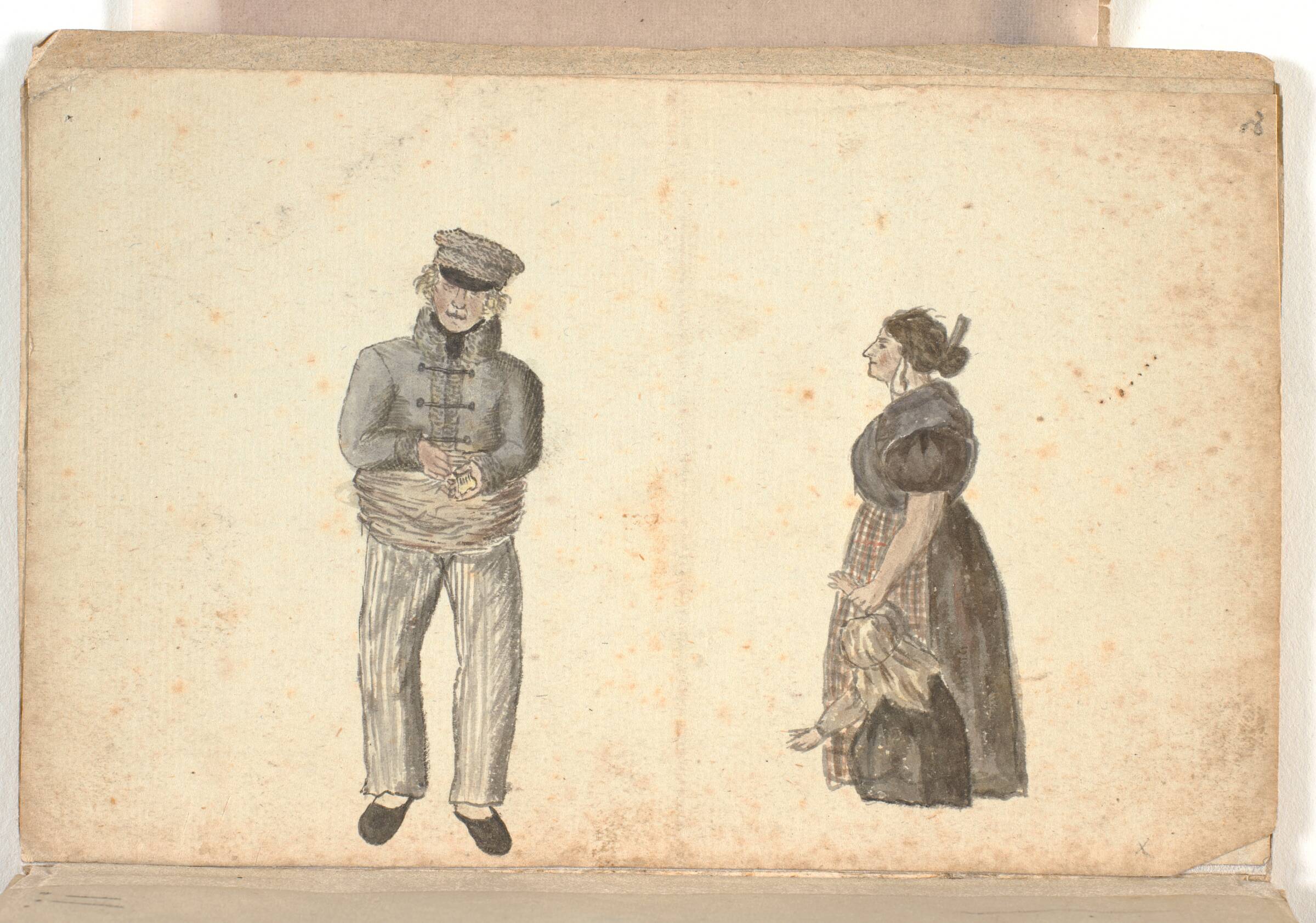 En mand med højhalset jakke og et tykt halstørklæde om maven og en kvinde i lang kjole med ternet forklæde og et lille pigebarn ved hånden., P.C. Skovgaard, 1826-1829