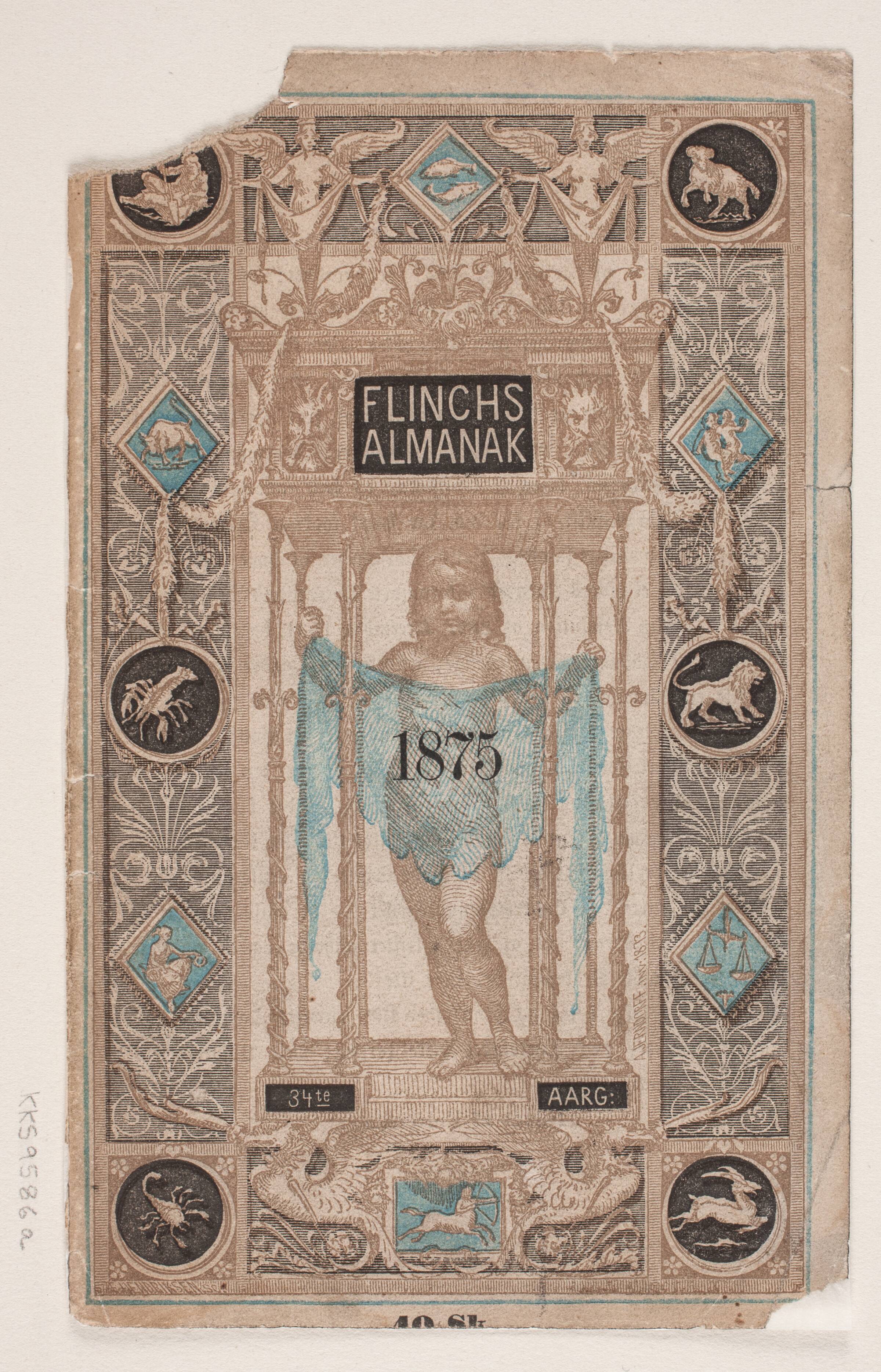 Omslagets forside til "Flinchs Almanak", F. Hendriksen, 1847-1875