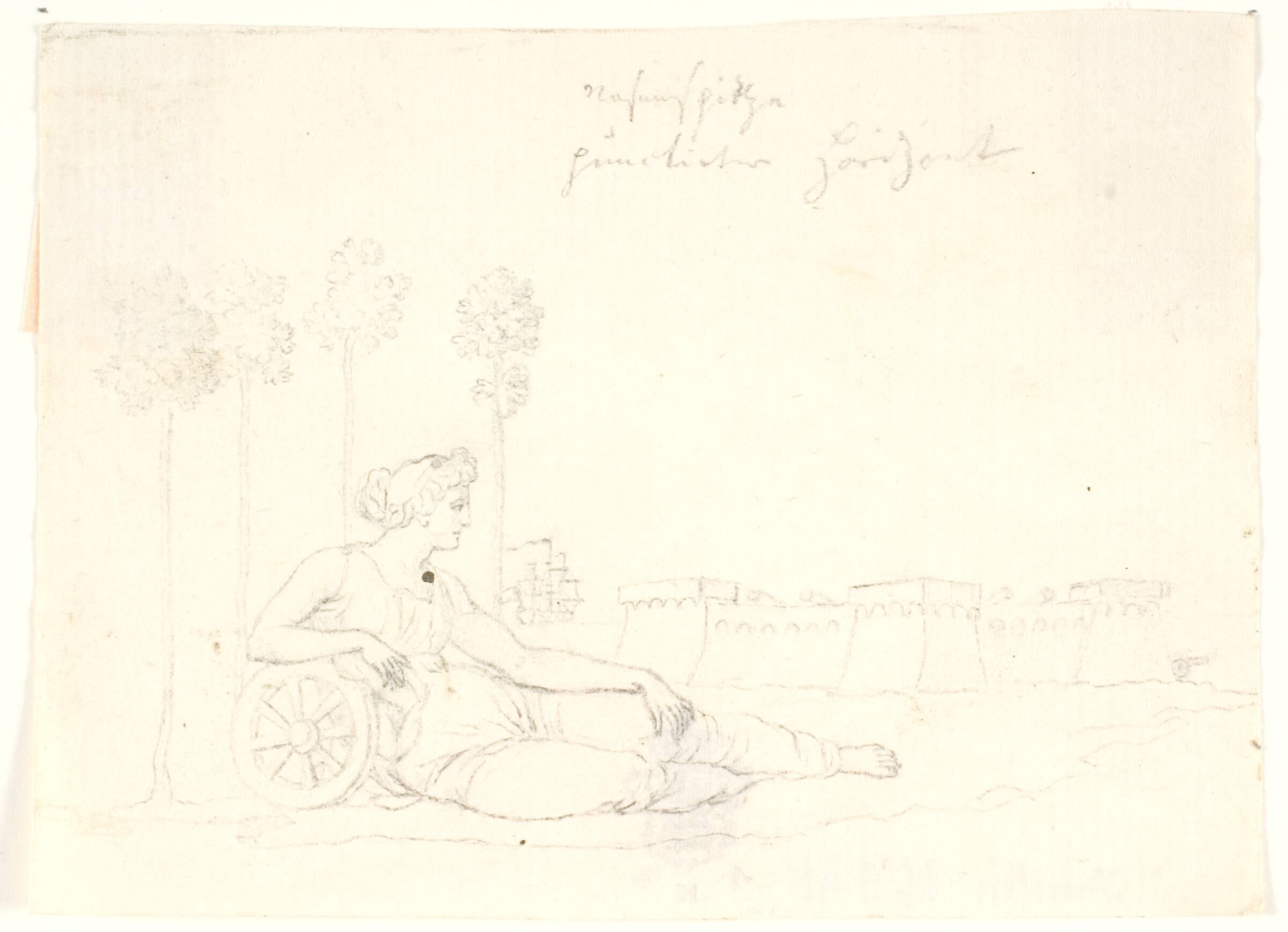Liggende kvinde i klassisk dragt med et hjul. I baggrunden en fæstninglignende bygning, Gerhard Ludvig Lahde, 1765-1833