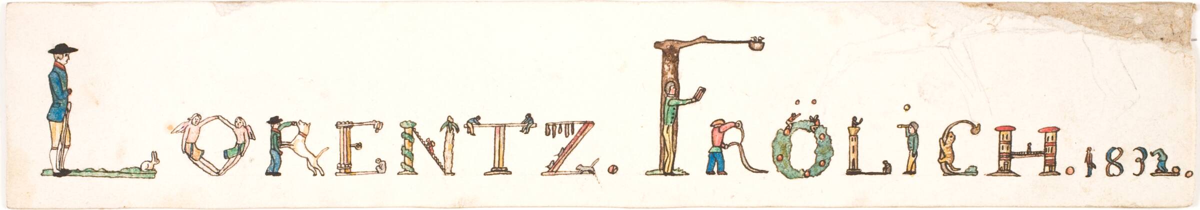 Navneskilt med Lorenz Frølichs navn. Bogstaverne består af små figurer., Lorenz Frølich, 1832