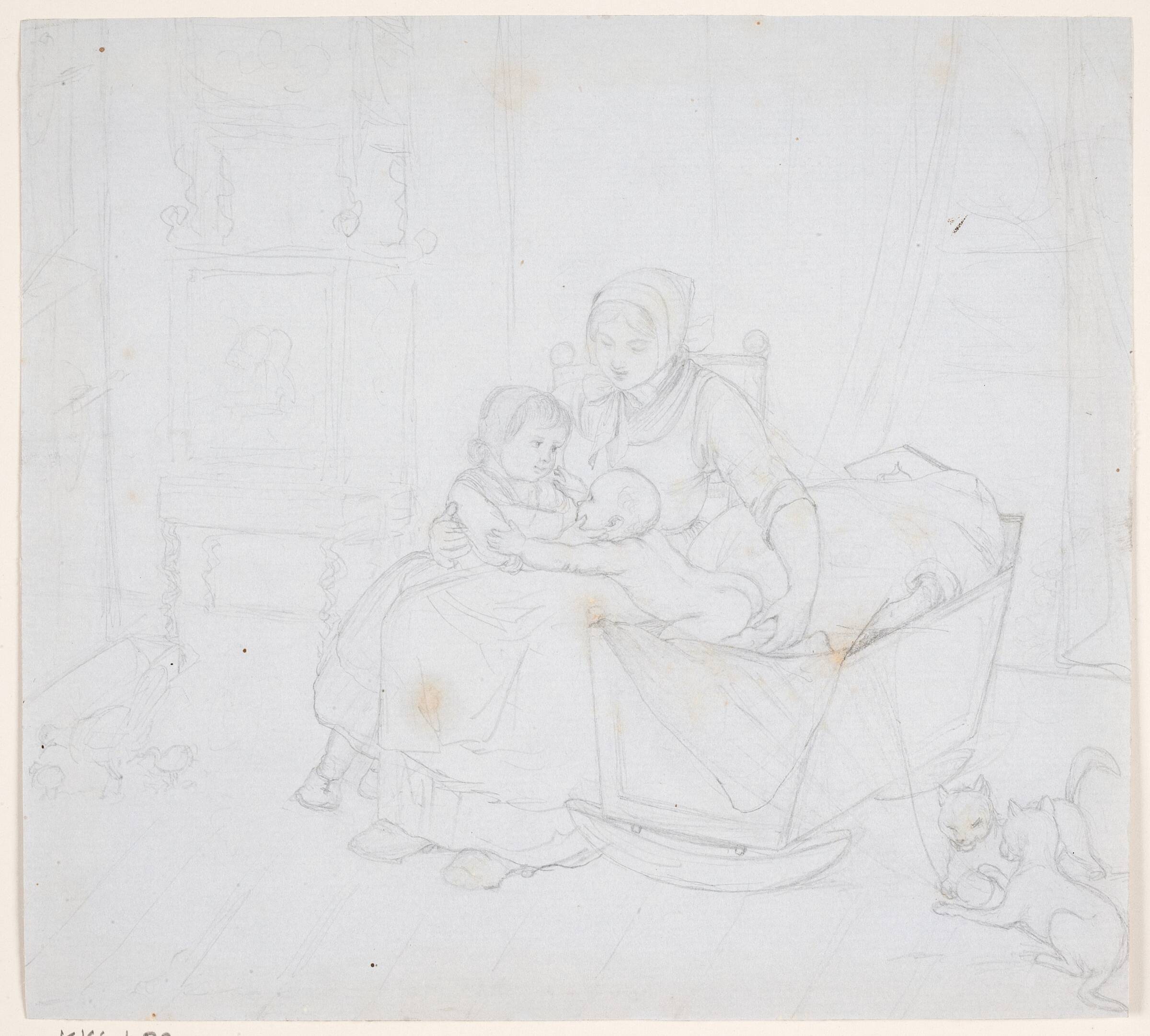 Anne med to børn, t.h. to katte, Elisabeth Jerichau Baumann, 1781-1881