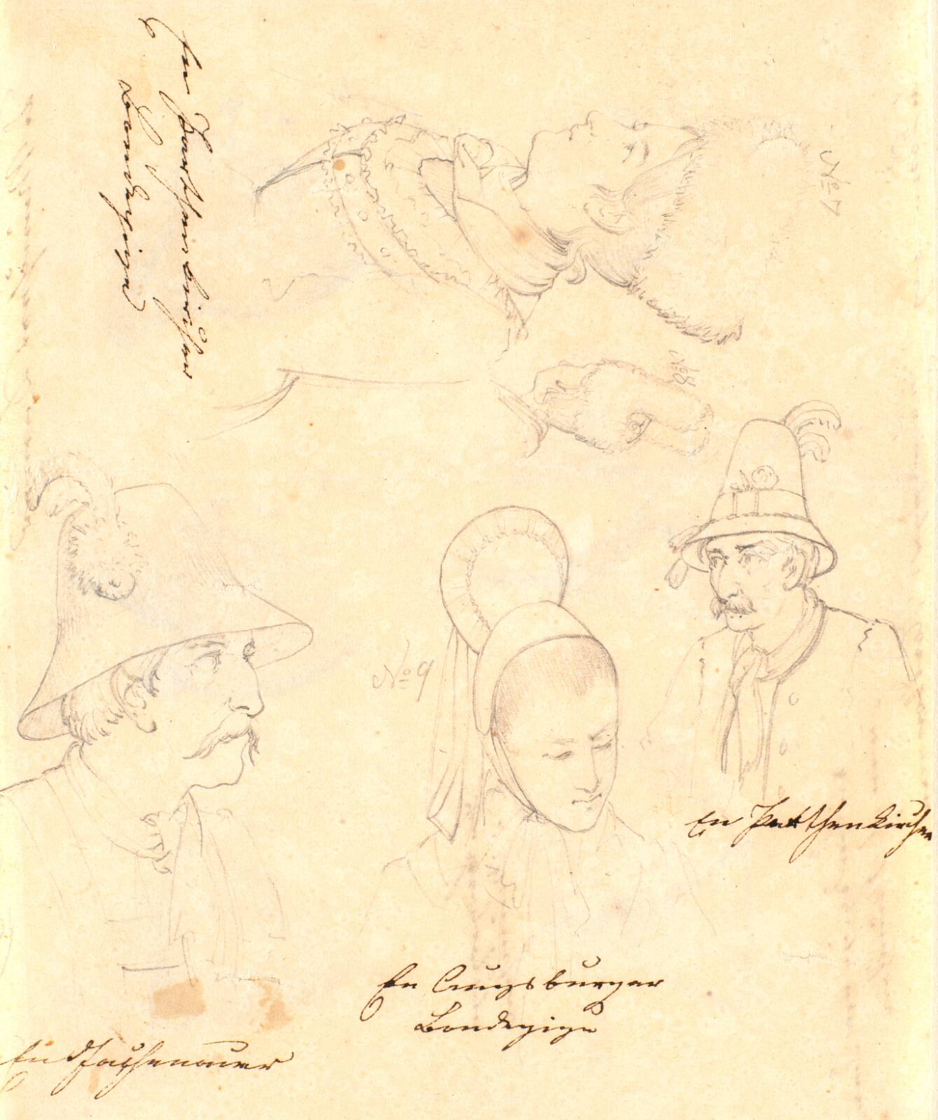 Blad med skitser af tre kvinder og to mænd, by Wilhelm Bendz, 1831
