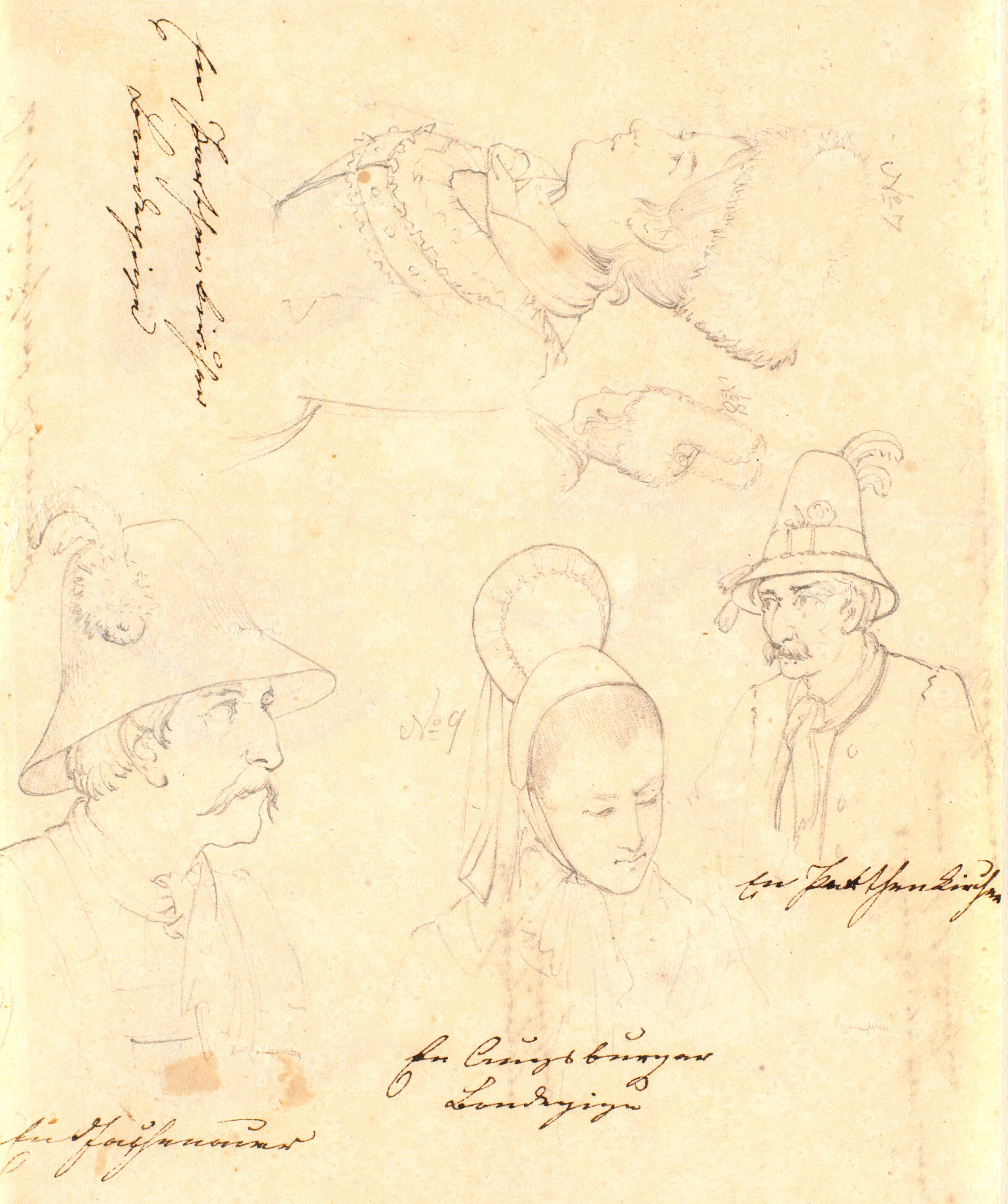 Blad med skitser af tre kvinder og to mænd, Wilhelm Bendz, 1831