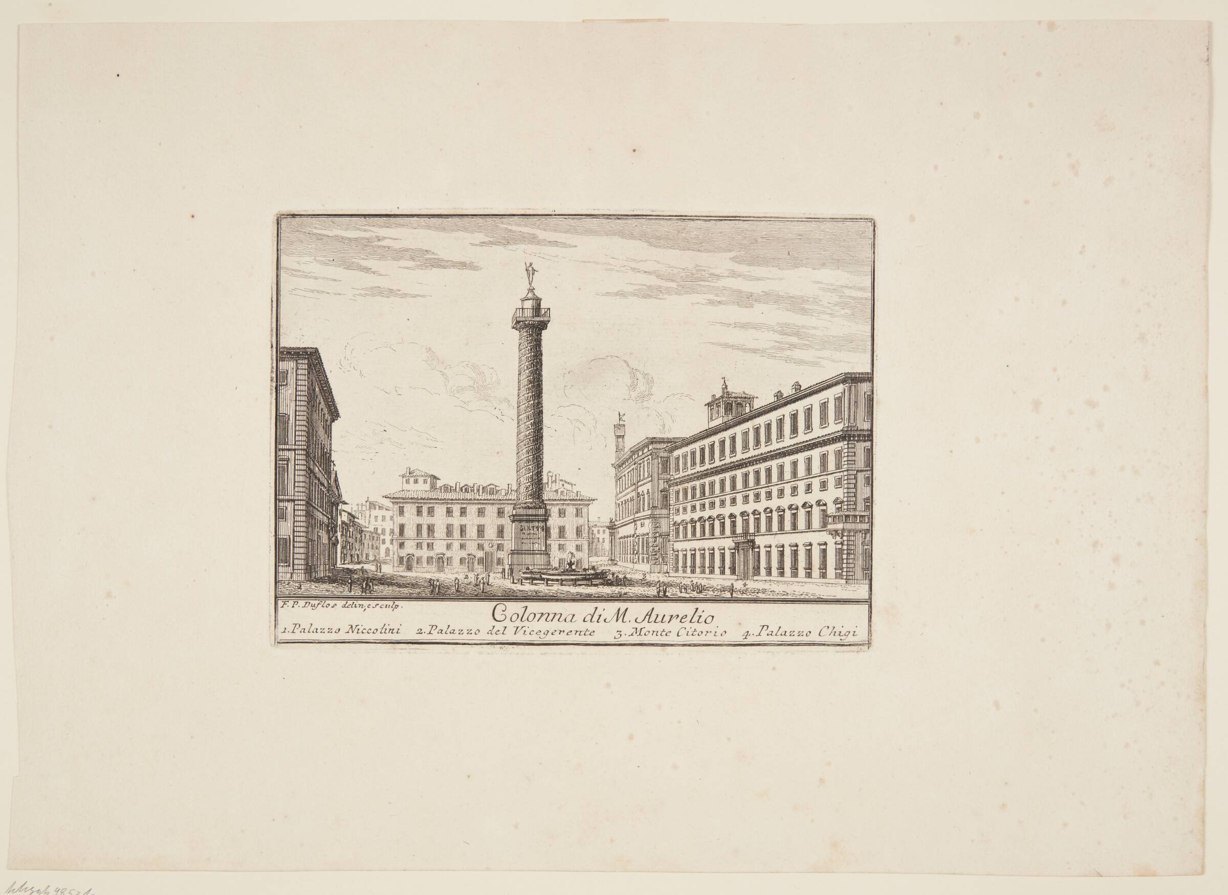 Colonna di M. Aurelio. 1. Palazzo Niccolini. 2. Palazzo del Vicegerente. 3. Monte Citorio. 4. Palazzo Chigi, Paolo Anesi, 1750