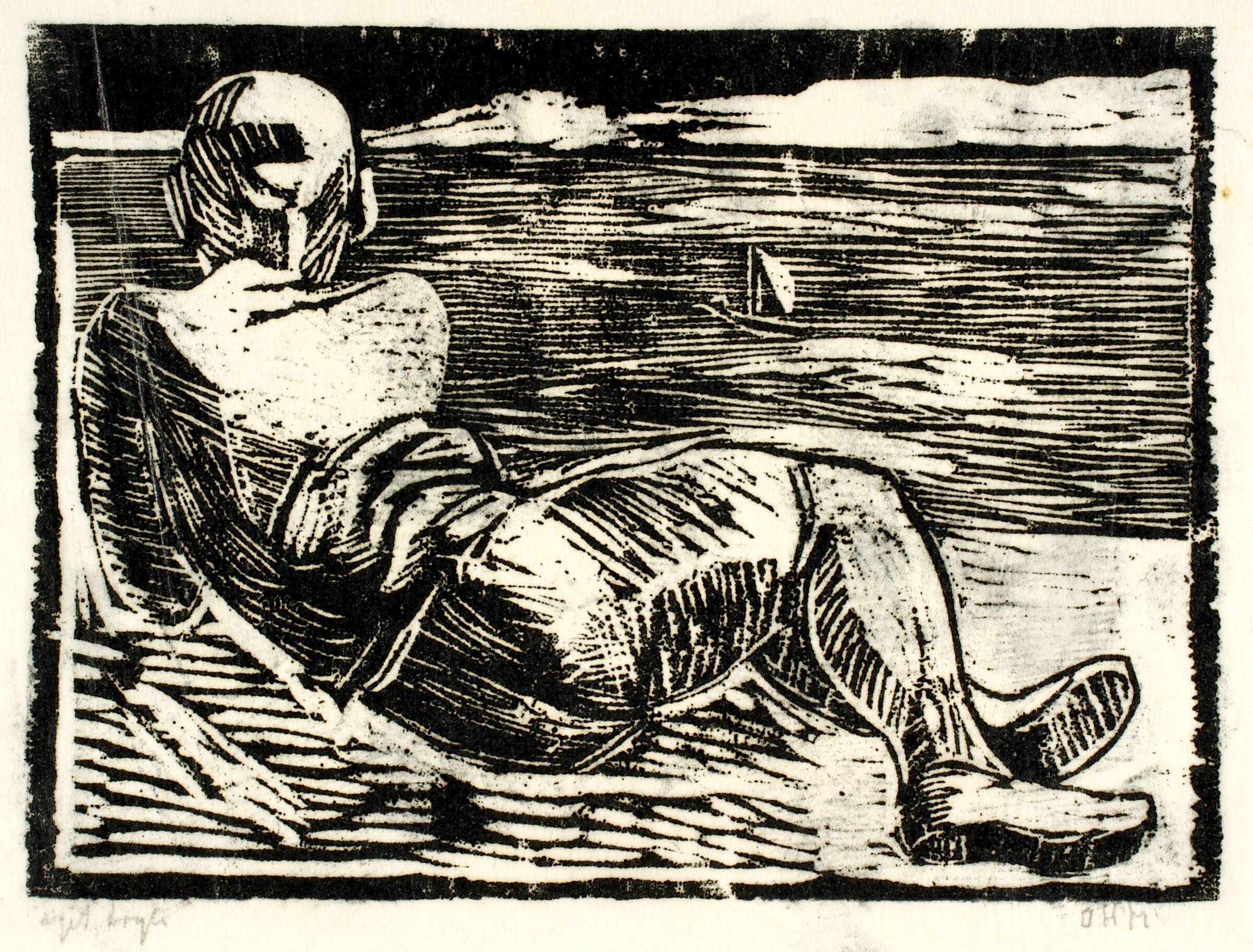 Liggende dreng ved stranden, Olivia Holm-Møller, 1920