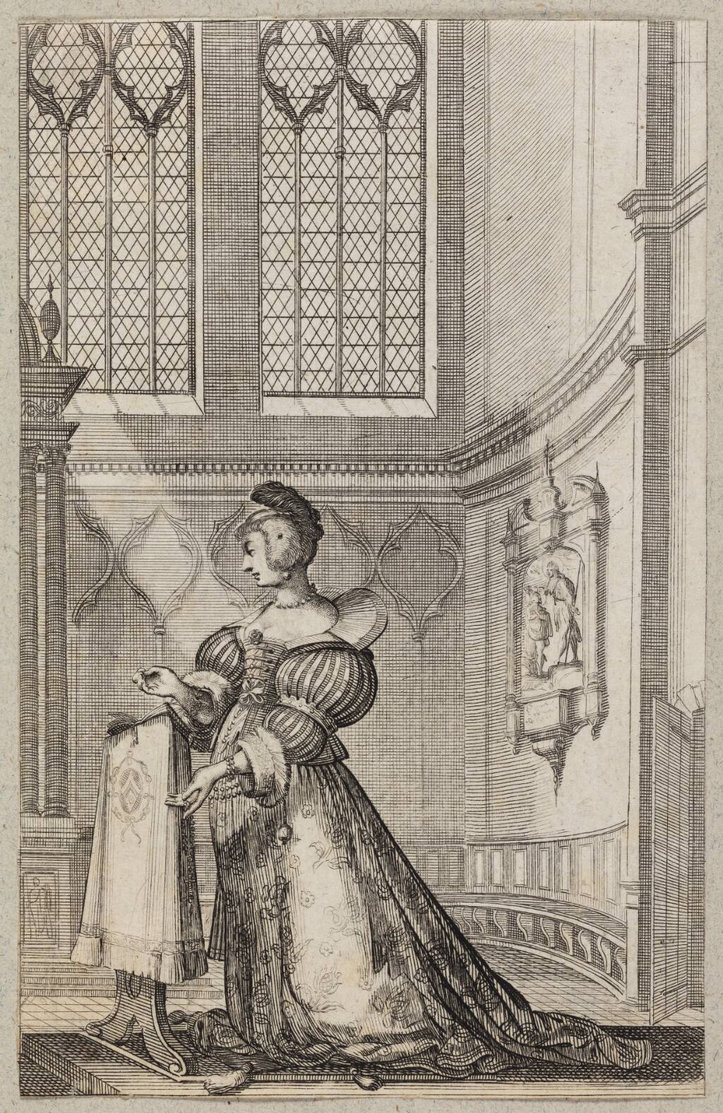 Fransk adelskvinde ved bedeskammel, knælende i profil mod venstre, Abraham Bosse, 1629