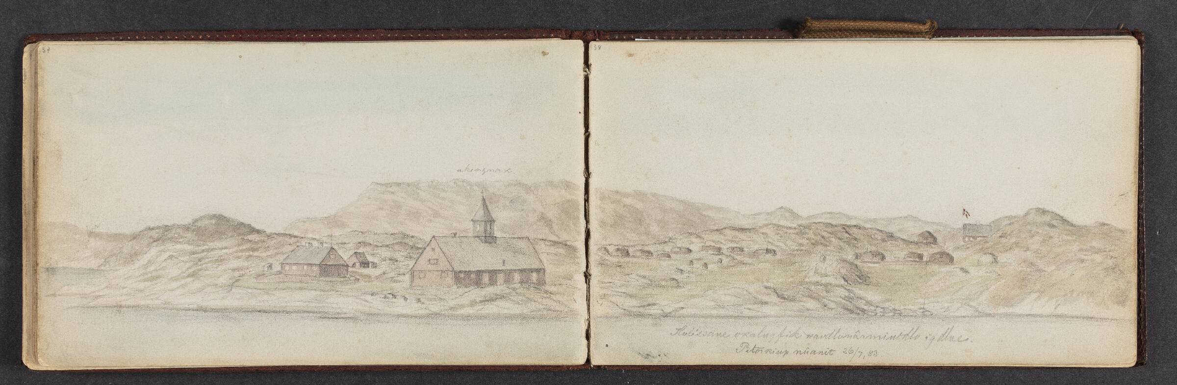 Skitse af bygd med kirke, Lars Møller, 1883